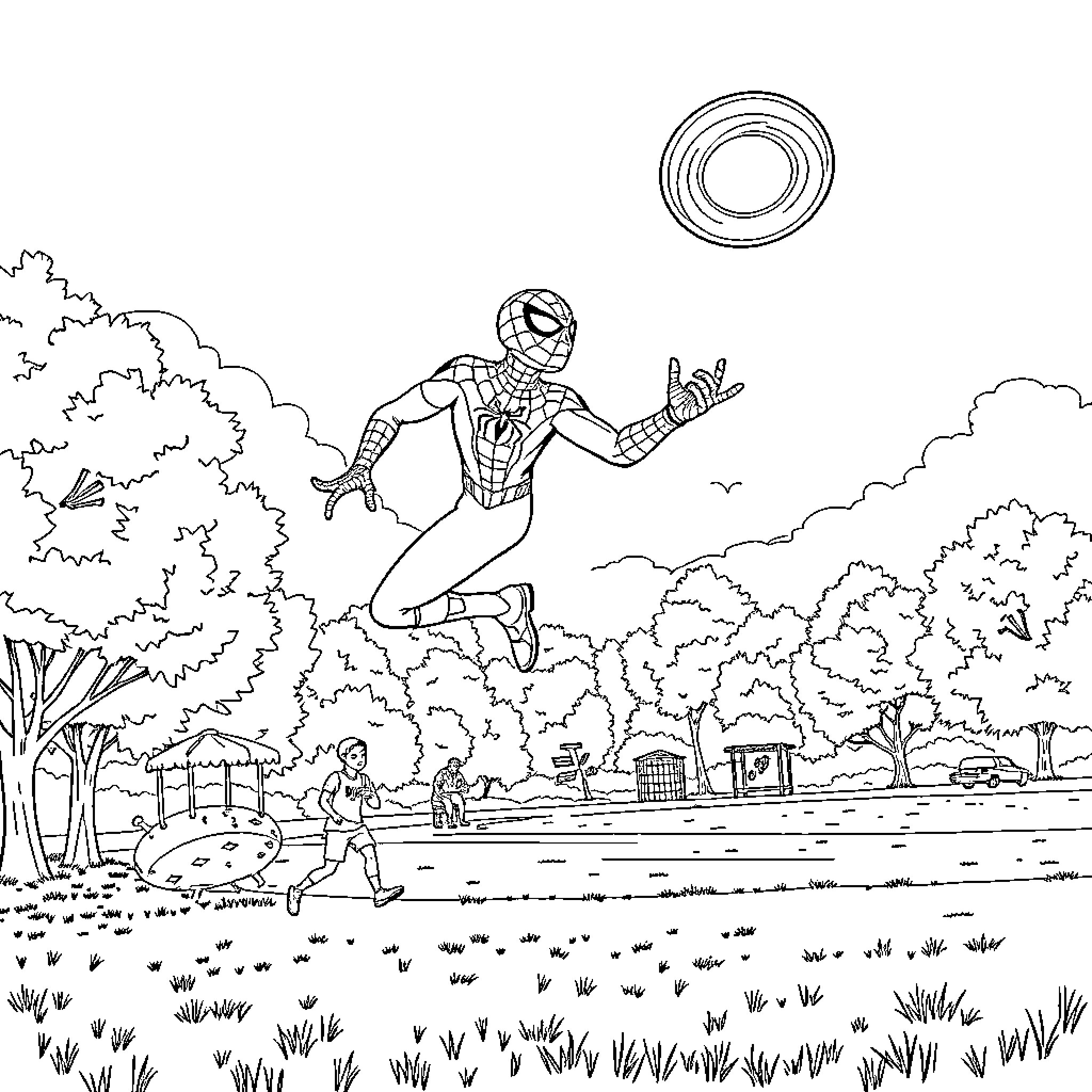 Spiderman swinging through the city landscape Coloring Page (free black-and-white line drawing printable PDF for all, from beginners to advanced learners, including children, teens, adults, and seniors)