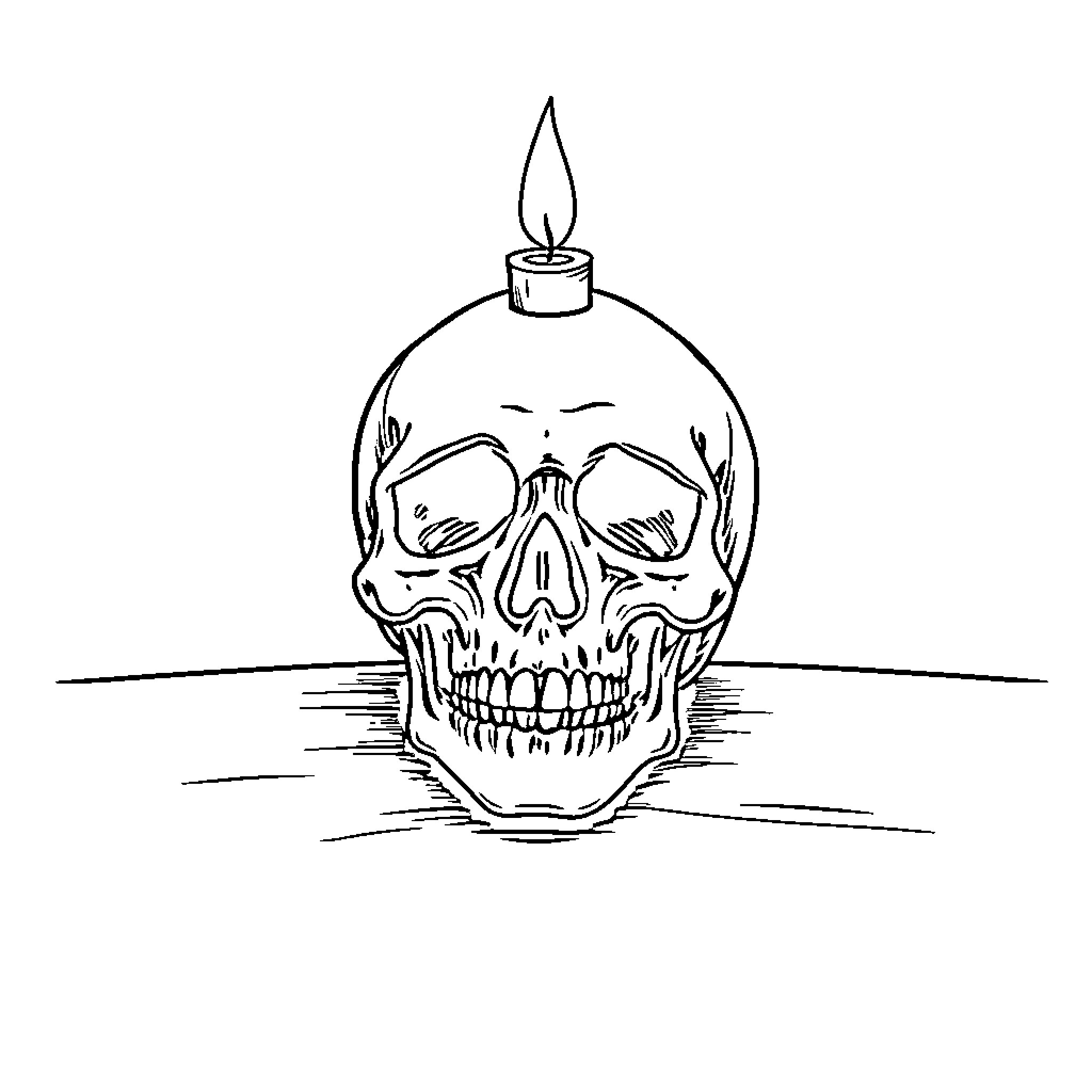 Skull with Candle Flame Coloring Page (free black-and-white line drawing printable PDF for all, from beginners to advanced learners, including children, teens, adults, and seniors)