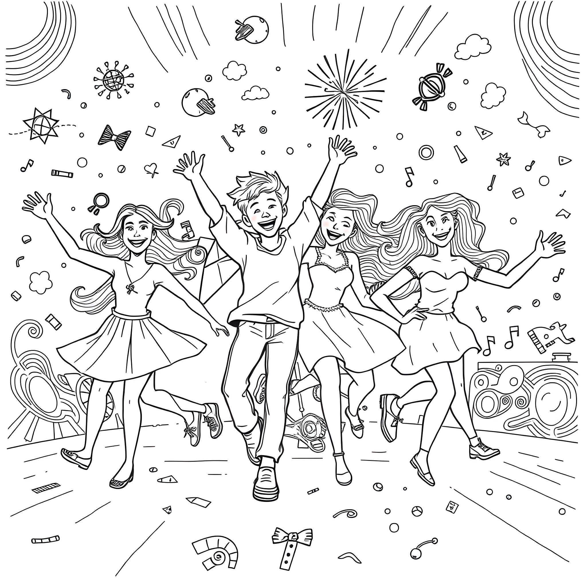 Breast celebration with joyful dance and festive decorations Coloring Page (free black-and-white line drawing printable PDF for all, from beginners to advanced learners, including children, teens, adults, and seniors)