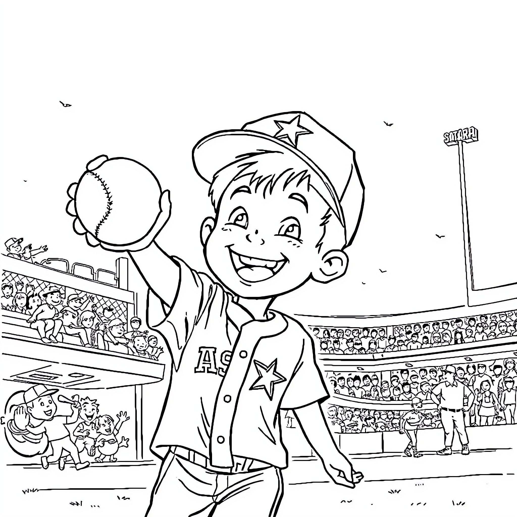 Boy Playing Baseball in a Stadium Coloring Page (free black-and-white line drawing printable PDF for all, from beginners to advanced learners, including children, teens, adults, and seniors)
