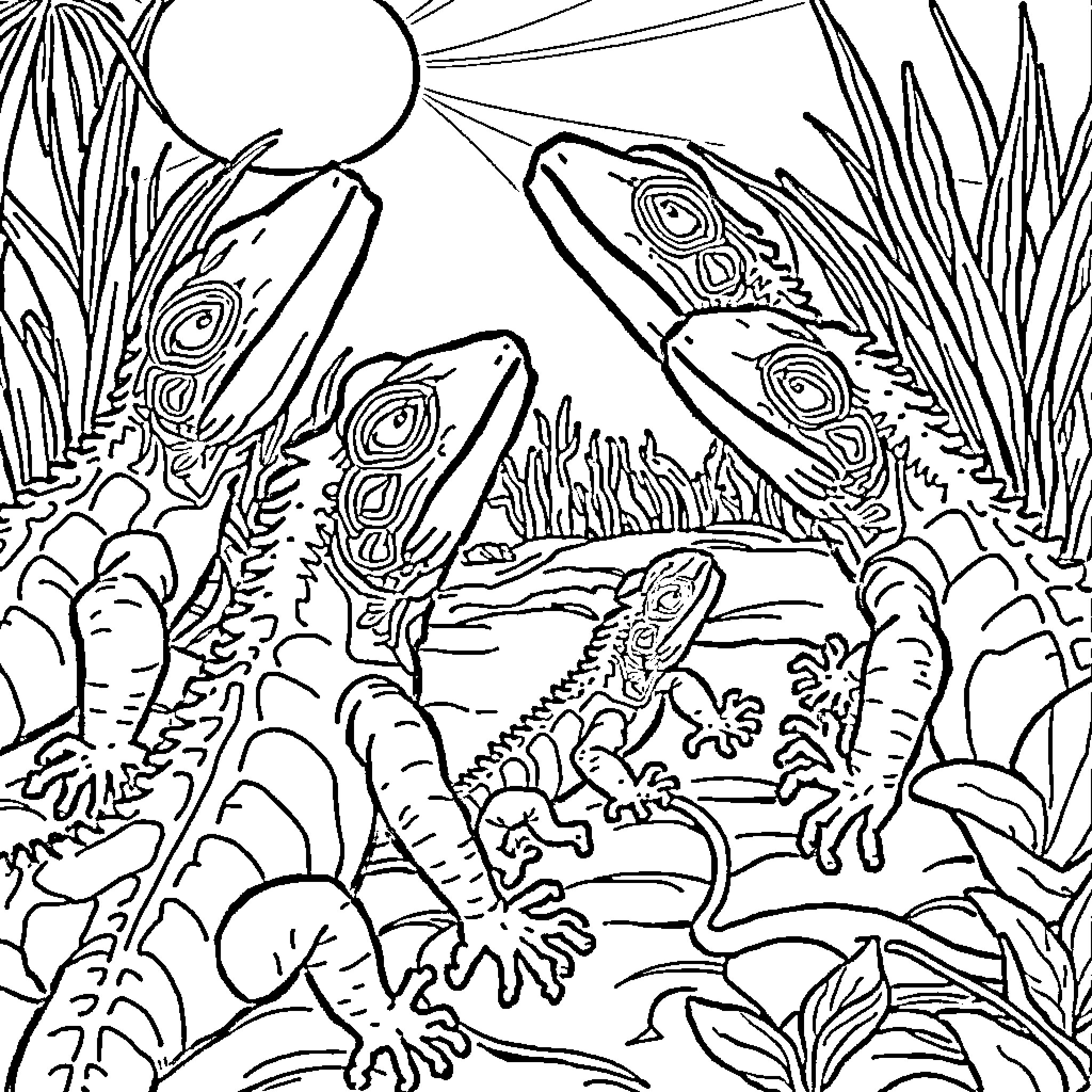 Lizard sunbathing in tropical flora Coloring Page (free black-and-white line drawing printable PDF for all, from beginners to advanced learners, including children, teens, adults, and seniors)