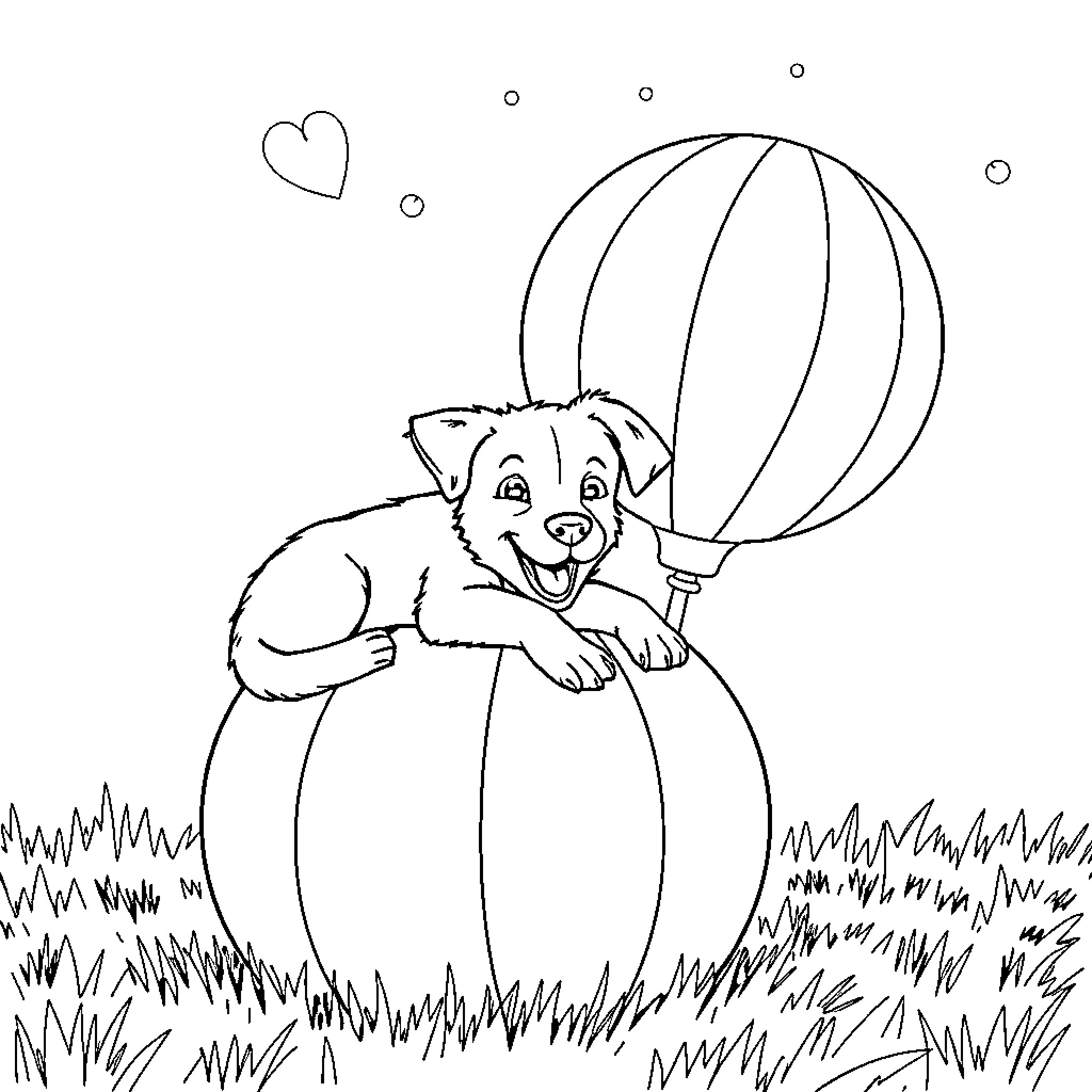 Dog playing with ball in the grass Coloring Page (free black-and-white line drawing printable PDF for all, from beginners to advanced learners, including children, teens, adults, and seniors)