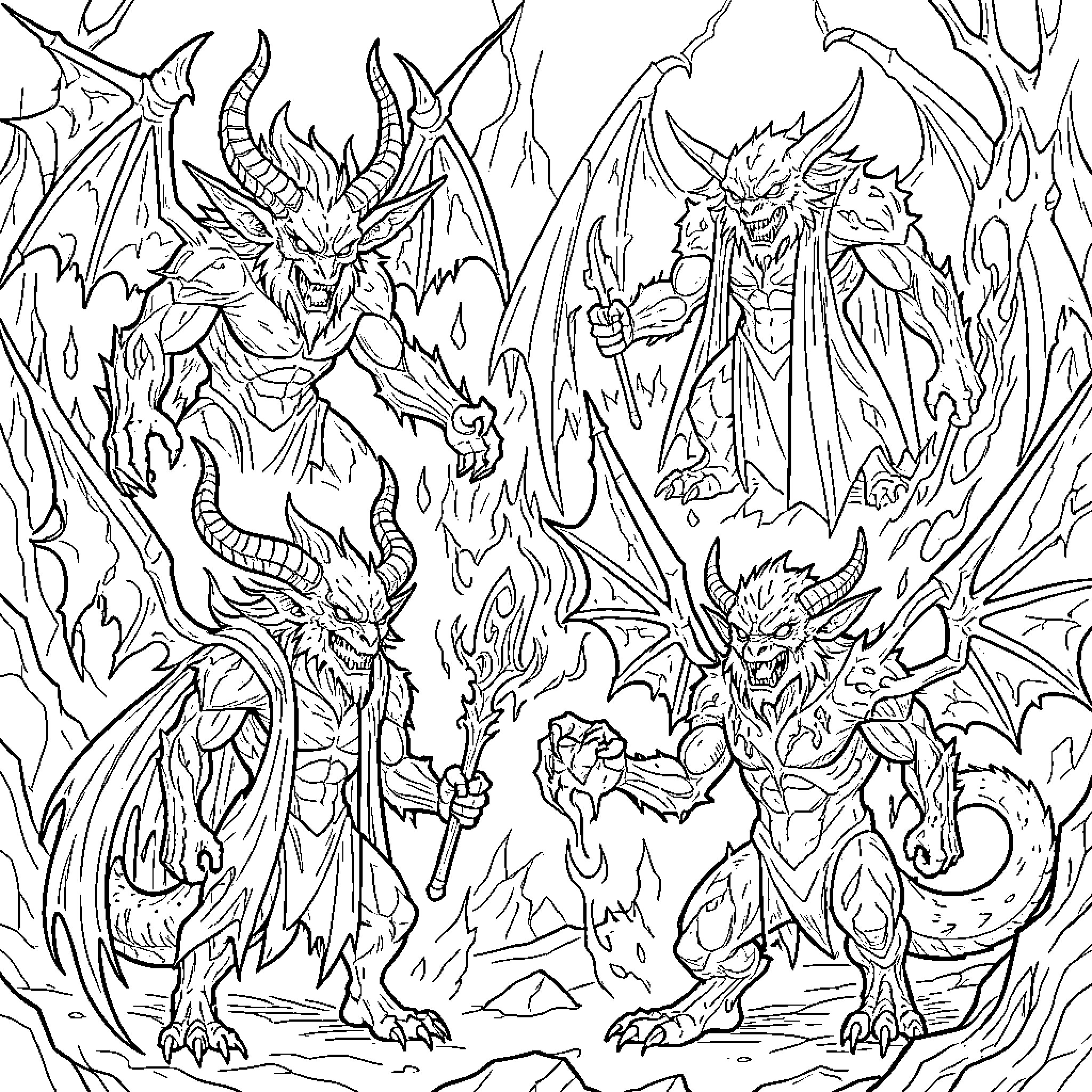 Legendary Demonic Dragons in Fiery Realm Coloring Page (free black-and-white line drawing printable PDF for all, from beginners to advanced learners, including children, teens, adults, and seniors)