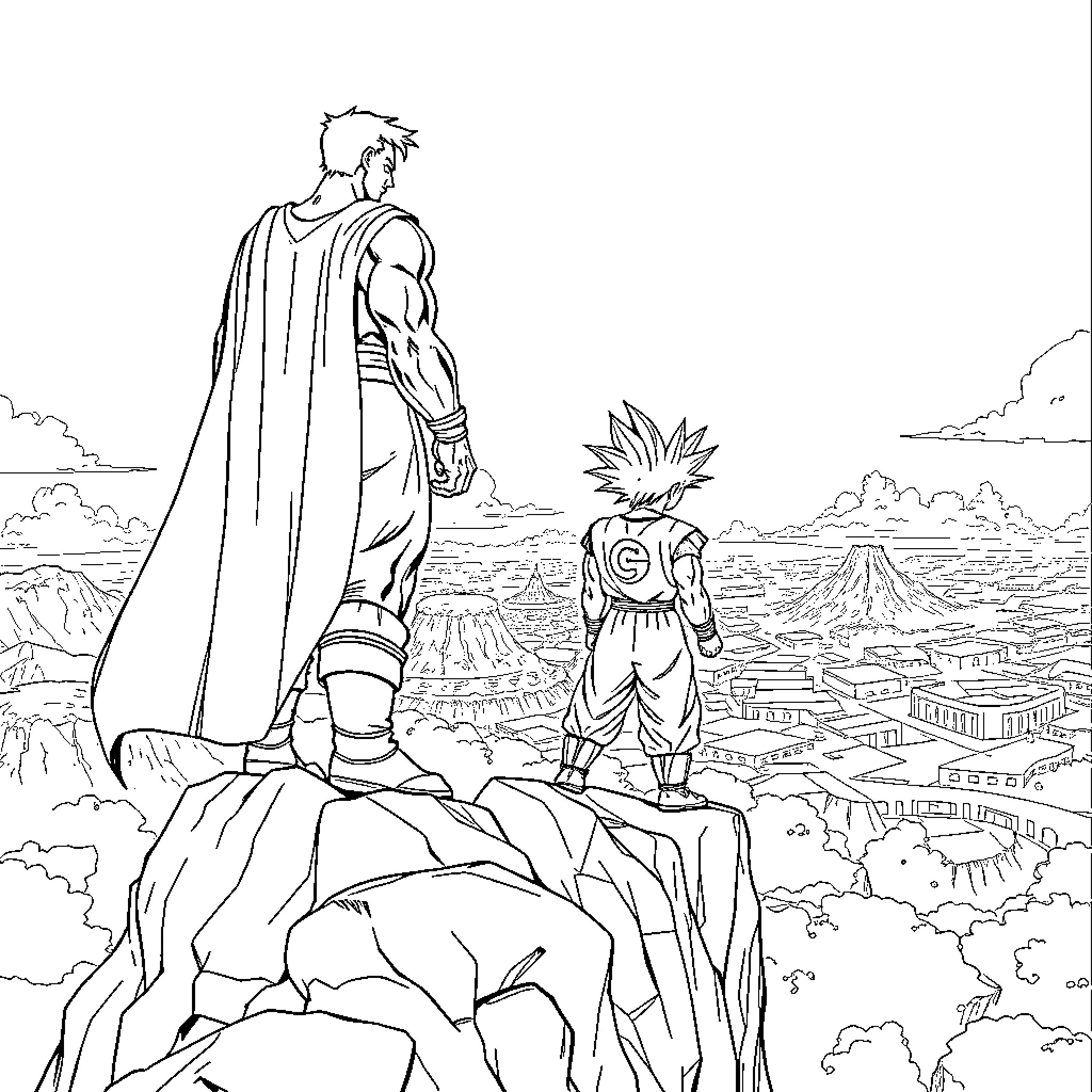 Superman overlooking a fantastical landscape with a young hero Coloring Page (free black-and-white line drawing printable PDF for all, from beginners to advanced learners, including children, teens, adults, and seniors)