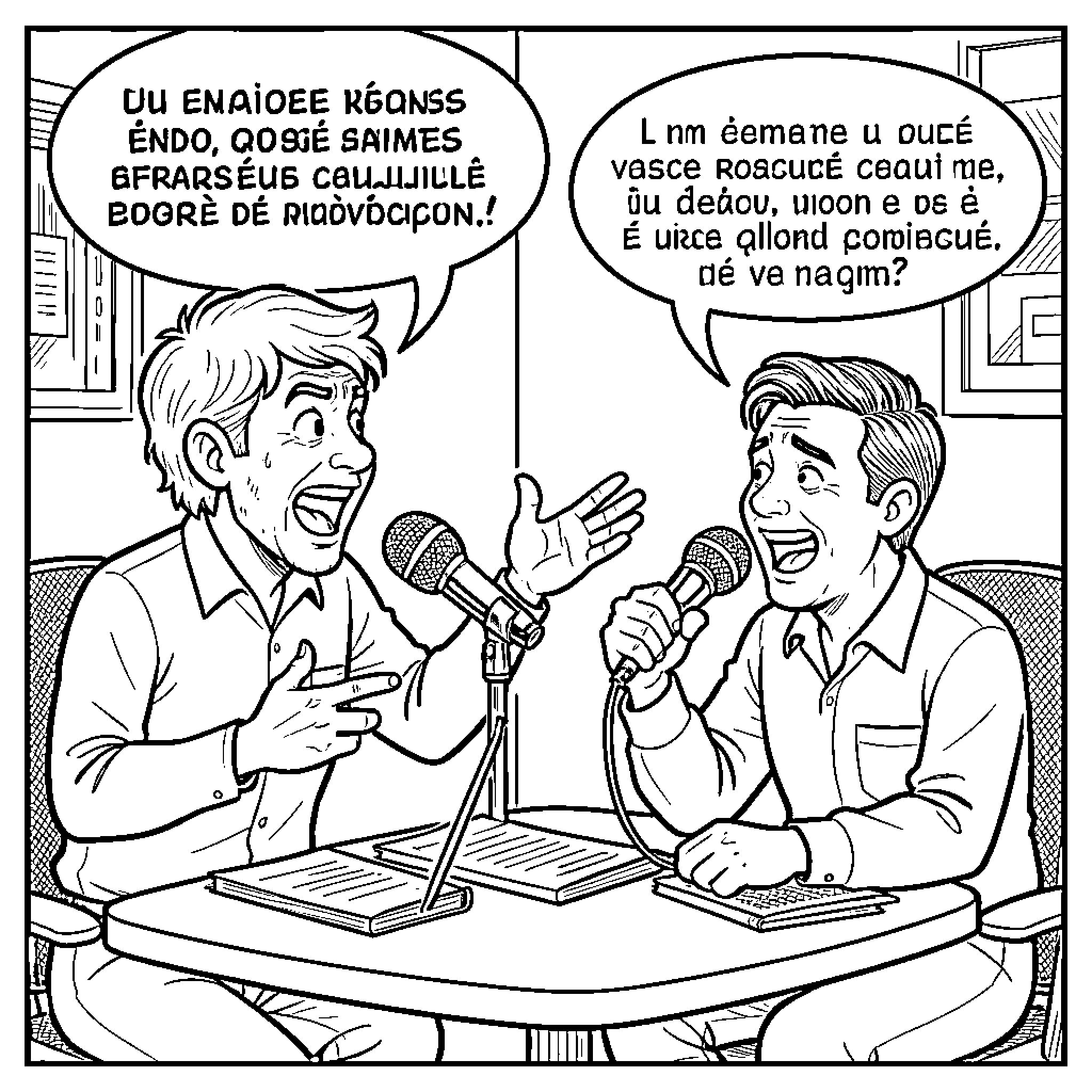 Animateur Radio Hosts Discuss Live Broadcast Coloring Page (free black-and-white line drawing printable PDF for all, from beginners to advanced learners, including children, teens, adults, and seniors)