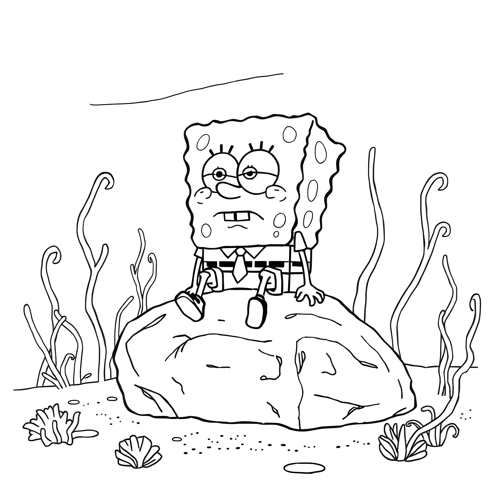 Spongebob in a rocky underwater scene Coloring Page (free black-and-white line drawing printable PDF for all, from beginners to advanced learners, including children, teens, adults, and seniors)