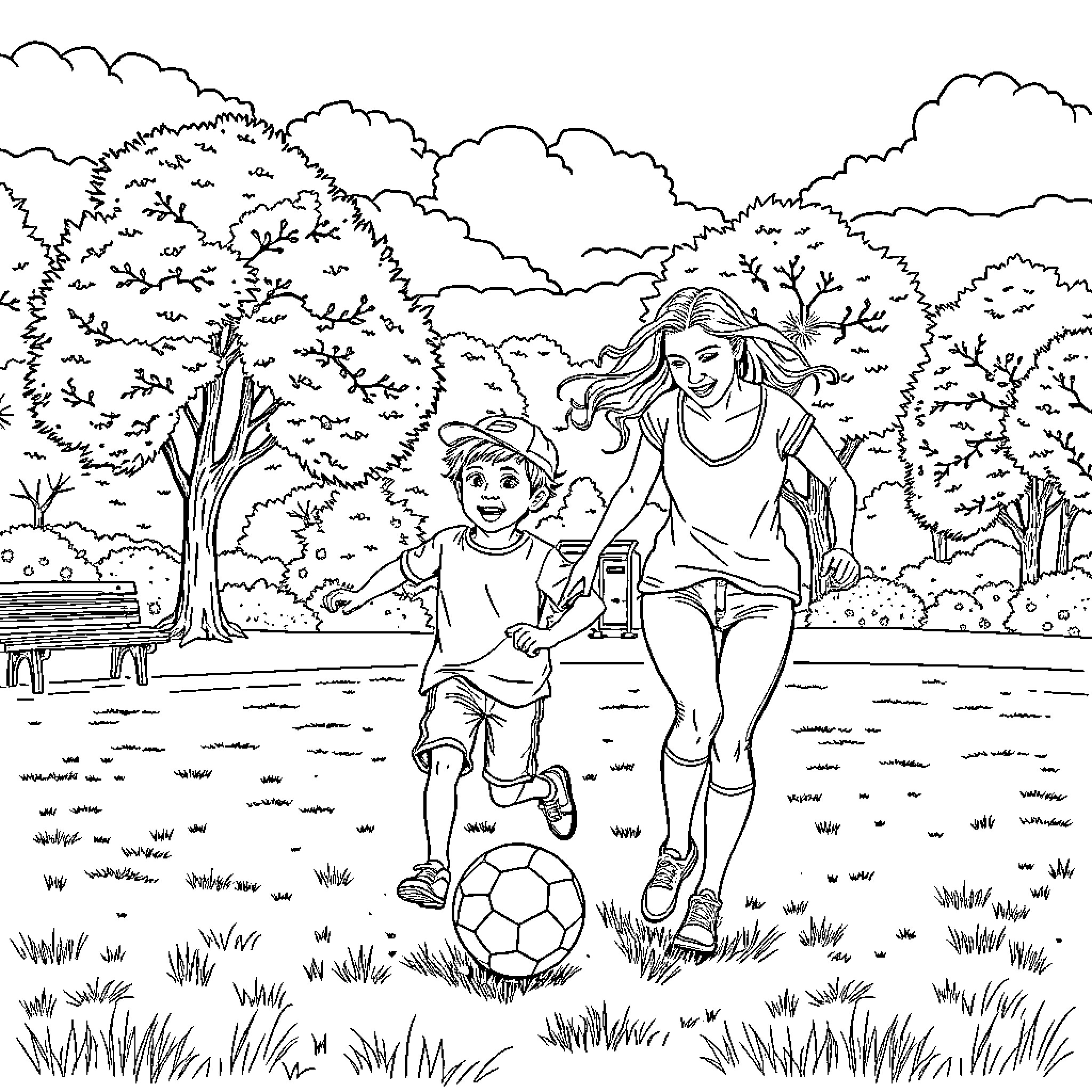 Football fun in the park with parent and child Coloring Page (free black-and-white line drawing printable PDF for all, from beginners to advanced learners, including children, teens, adults, and seniors)