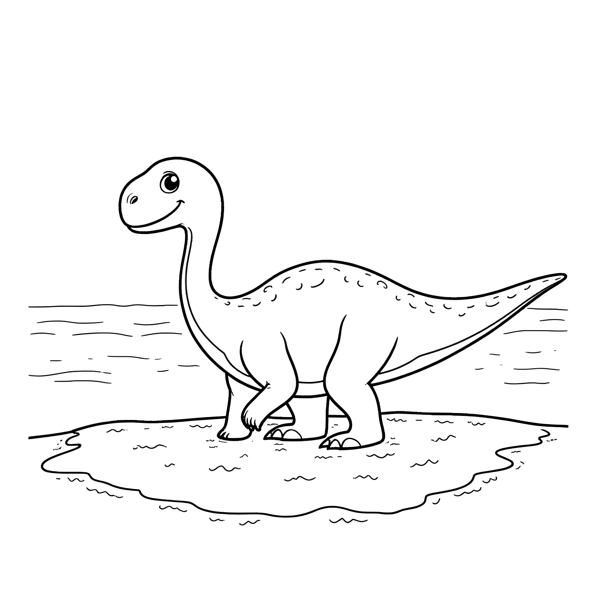 Dinosaur in a Watery Landscape Coloring Page (free black-and-white line drawing printable PDF for all, from beginners to advanced learners, including children, teens, adults, and seniors)