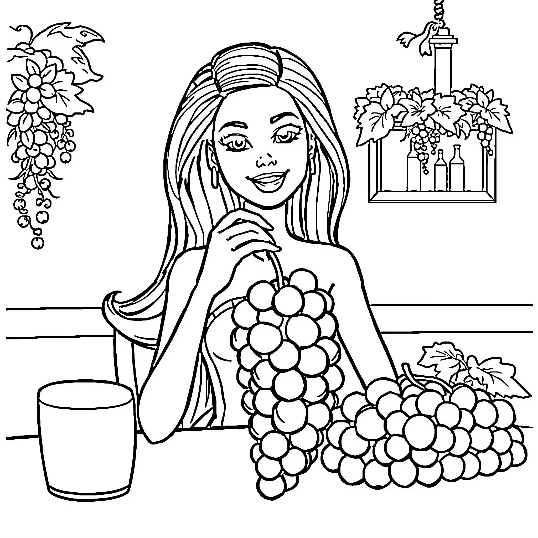 Barbie enjoying grapes and wine cellar Coloring Page (free black-and-white line drawing printable PDF for all, from beginners to advanced learners, including children, teens, adults, and seniors)