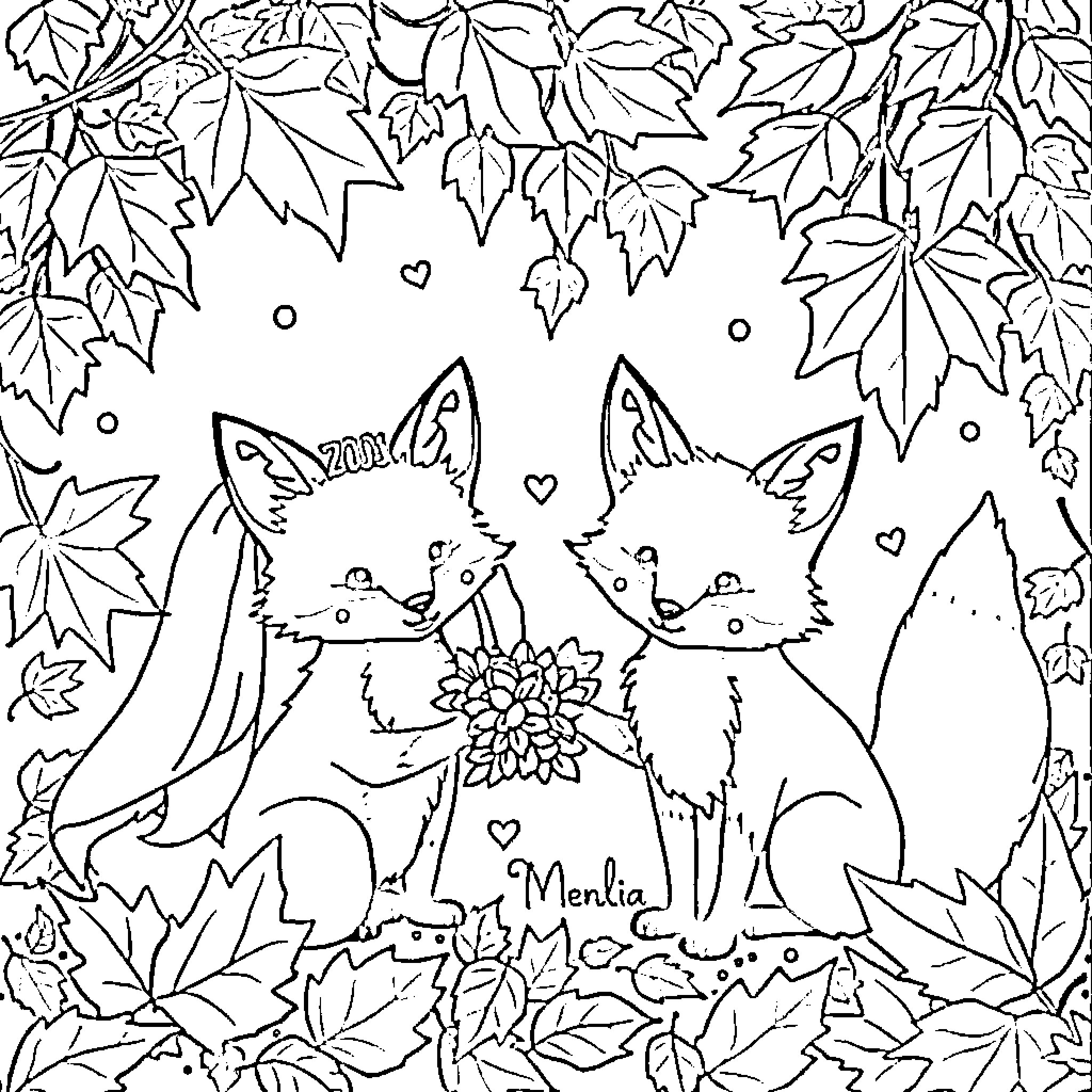 Fox Couple in Autumn Leaves Coloring Page (free black-and-white line drawing printable PDF for all, from beginners to advanced learners, including children, teens, adults, and seniors)