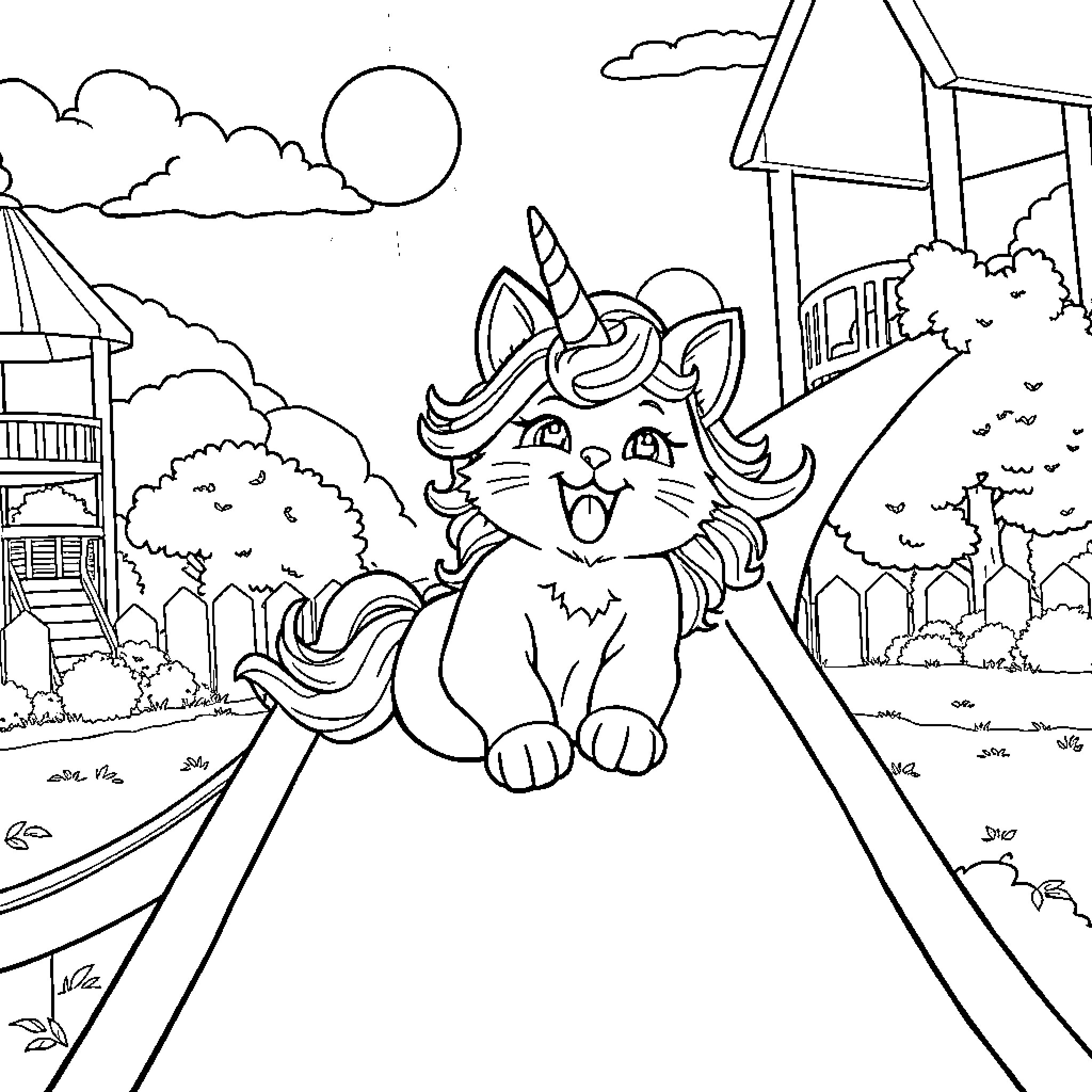 Unicorn kitten exploring the fairgrounds Coloring Page (free black-and-white line drawing printable PDF for all, from beginners to advanced learners, including children, teens, adults, and seniors)