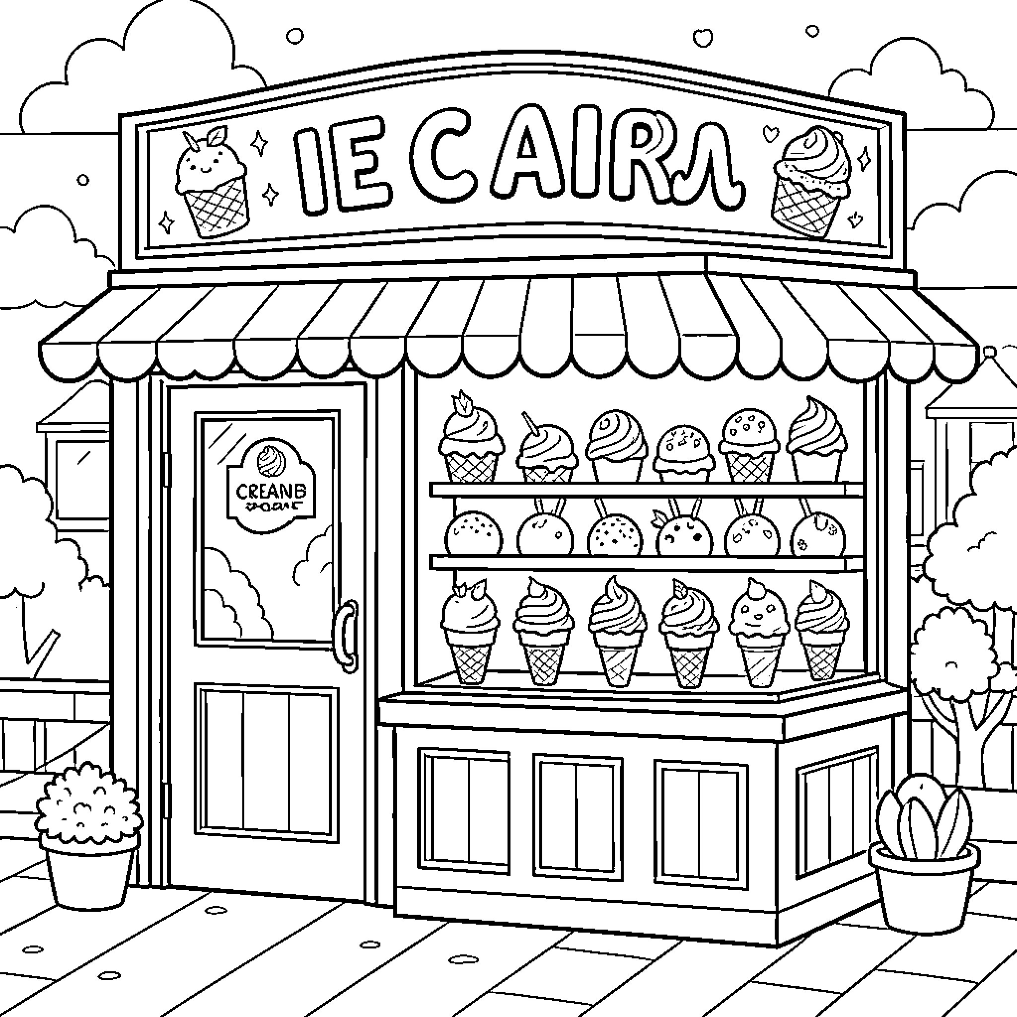 Ice Cream Shop with Variety of Frozen Treats Coloring Page (free black-and-white line drawing printable PDF for all, from beginners to advanced learners, including children, teens, adults, and seniors)