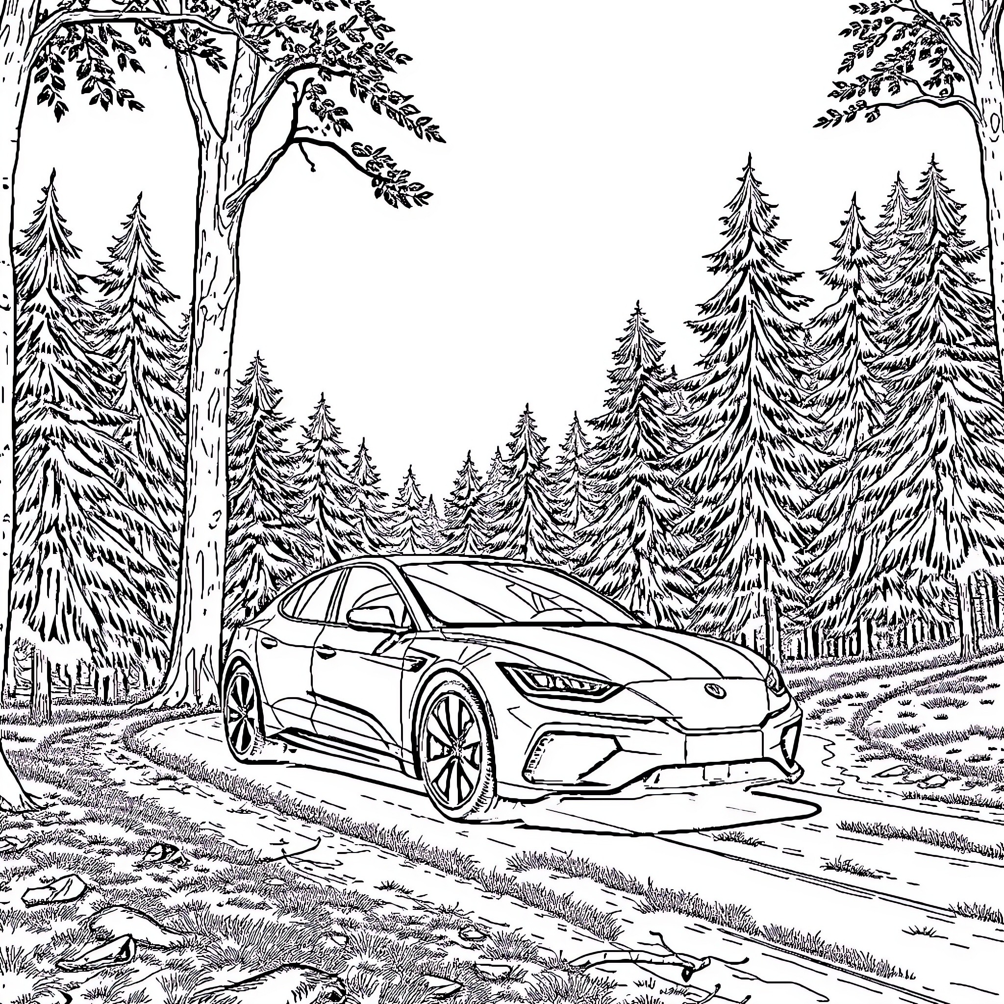 Car driving through snowy forest landscape Coloring Page (free black-and-white line drawing printable PDF for all, from beginners to advanced learners, including children, teens, adults, and seniors)