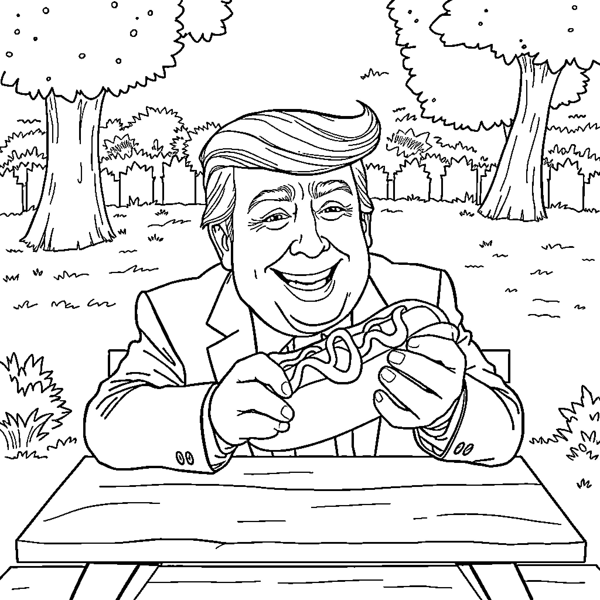 Donald Trump enjoying nature in a whimsical setting Coloring Page (free black-and-white line drawing printable PDF for all, from beginners to advanced learners, including children, teens, adults, and seniors)