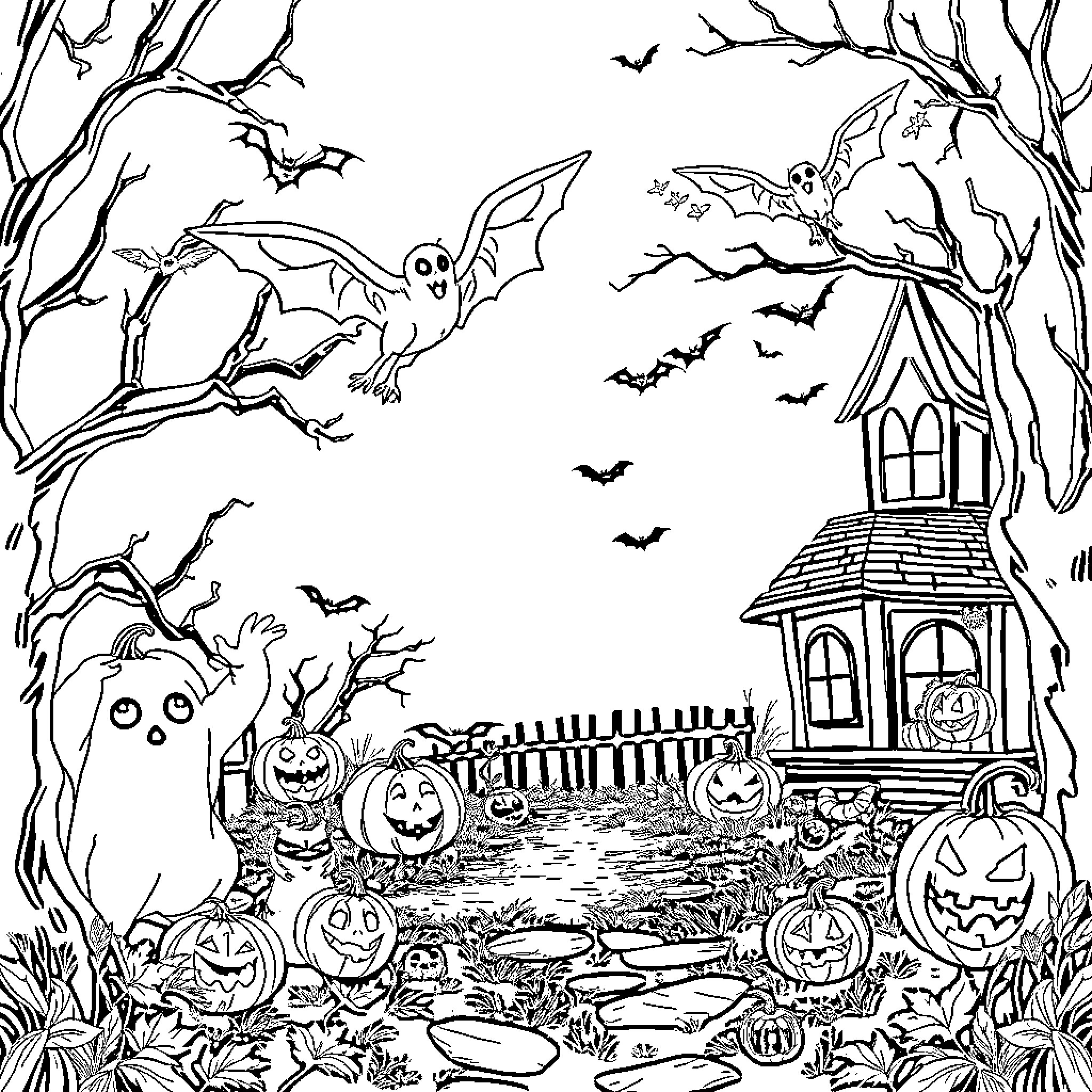 Halloween spooky forest with bats and pumpkins Coloring Page (free black-and-white line drawing printable PDF for all, from beginners to advanced learners, including children, teens, adults, and seniors)