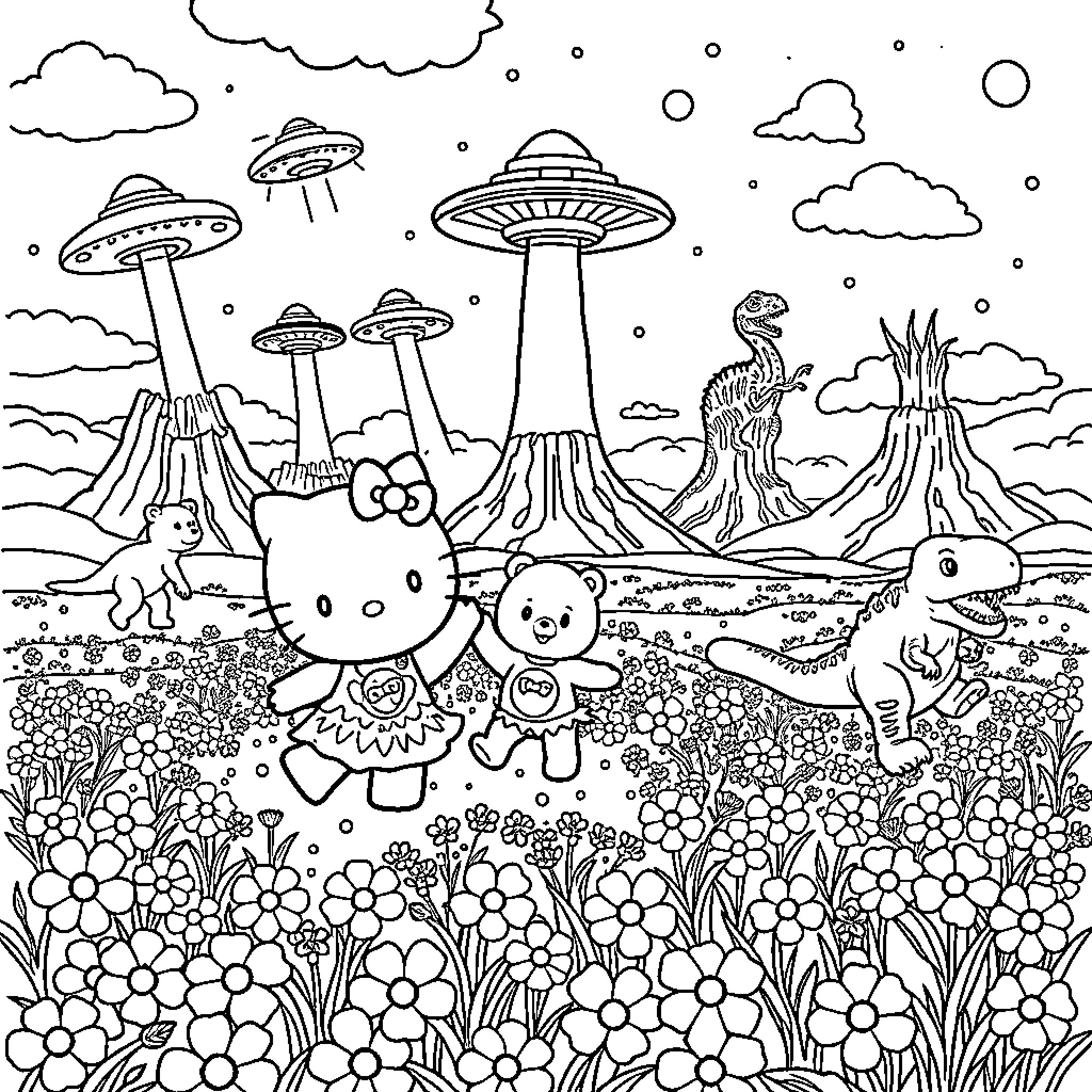 Hello Kitty and Friends in a Whimsical Alien Landscape Coloring Page (free black-and-white line drawing printable PDF for all, from beginners to advanced learners, including children, teens, adults, and seniors)
