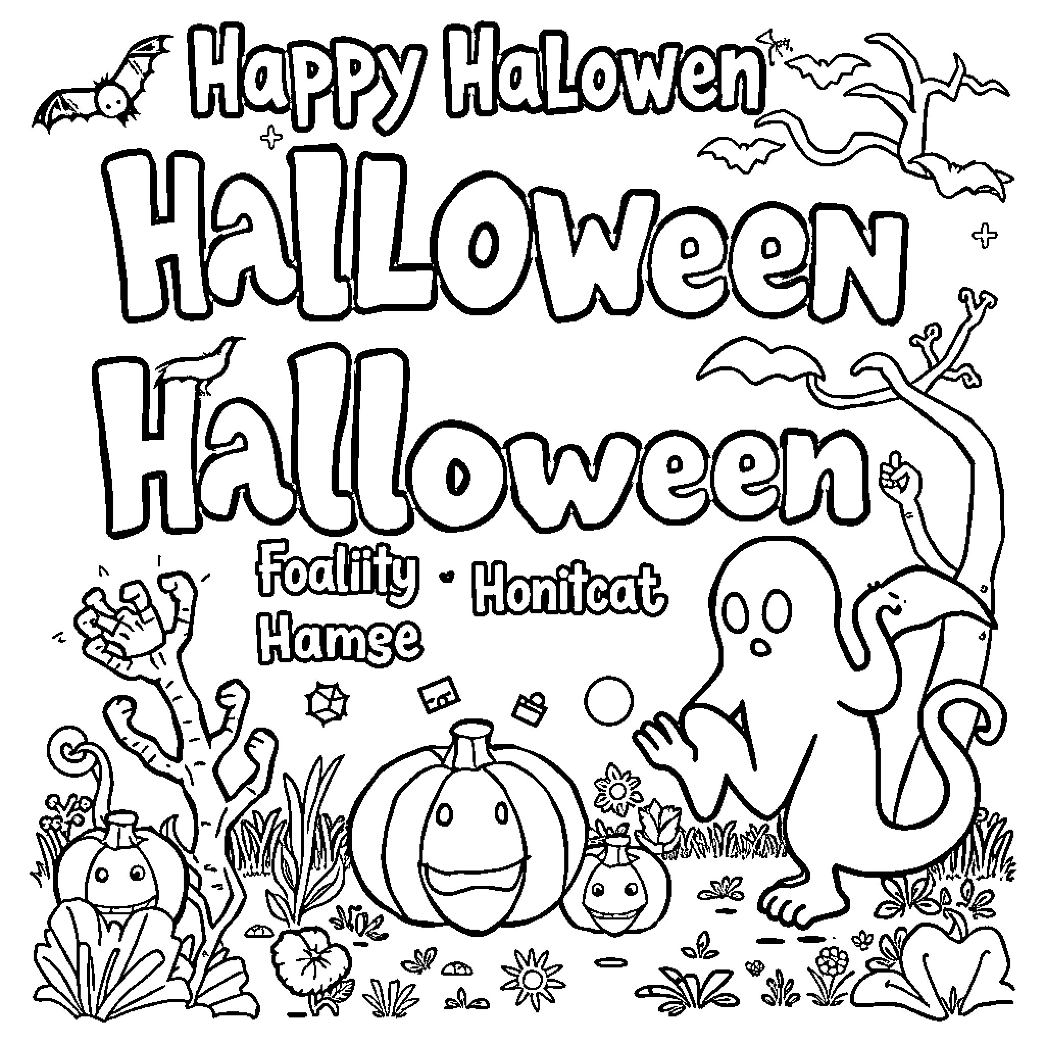 Happy Halloween with Festive Scenes and Characters Coloring Page (free black-and-white line drawing printable PDF for all, from beginners to advanced learners, including children, teens, adults, and seniors)