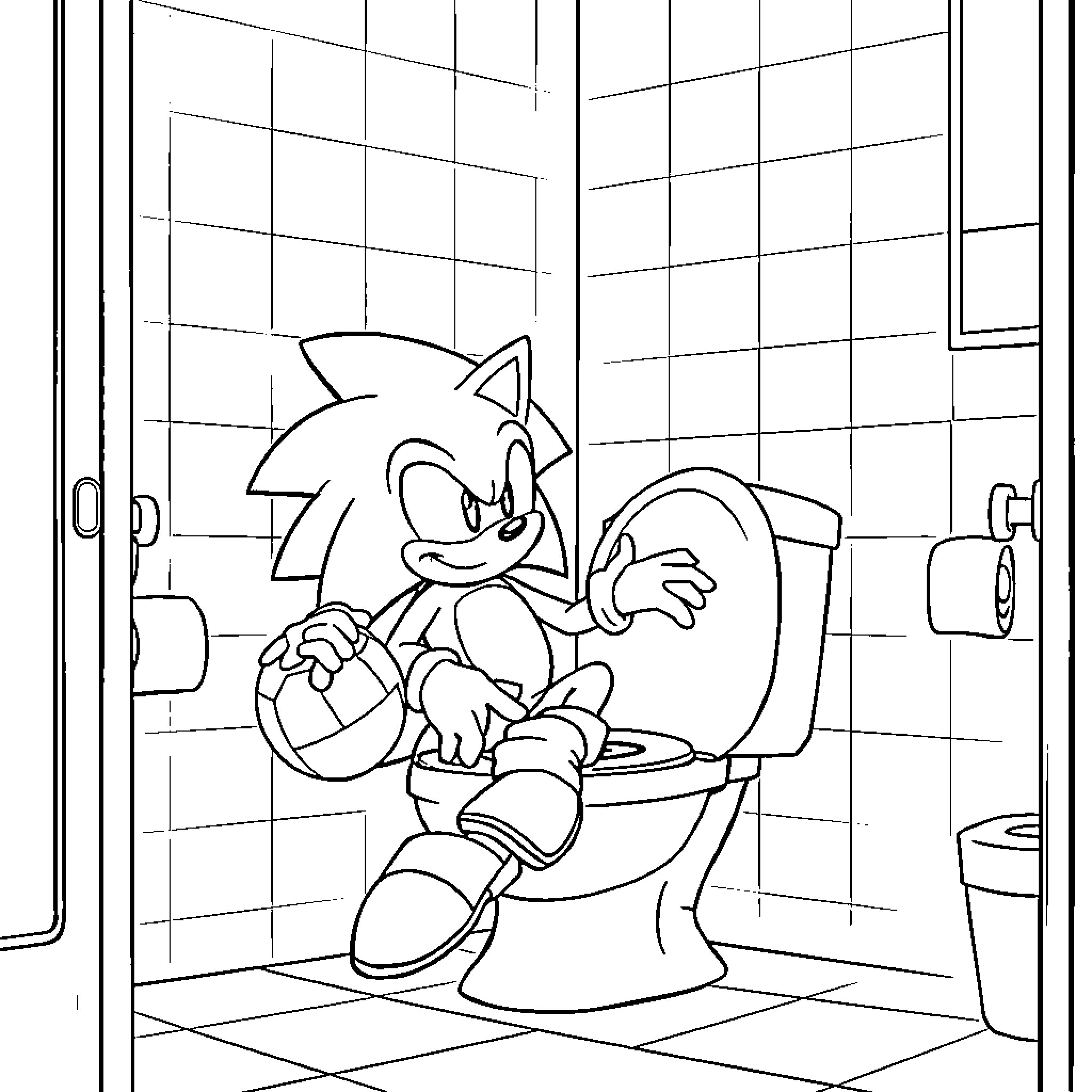 Sonic's Restroom Adventure Coloring Page (free black-and-white line drawing printable PDF for all, from beginners to advanced learners, including children, teens, adults, and seniors)
