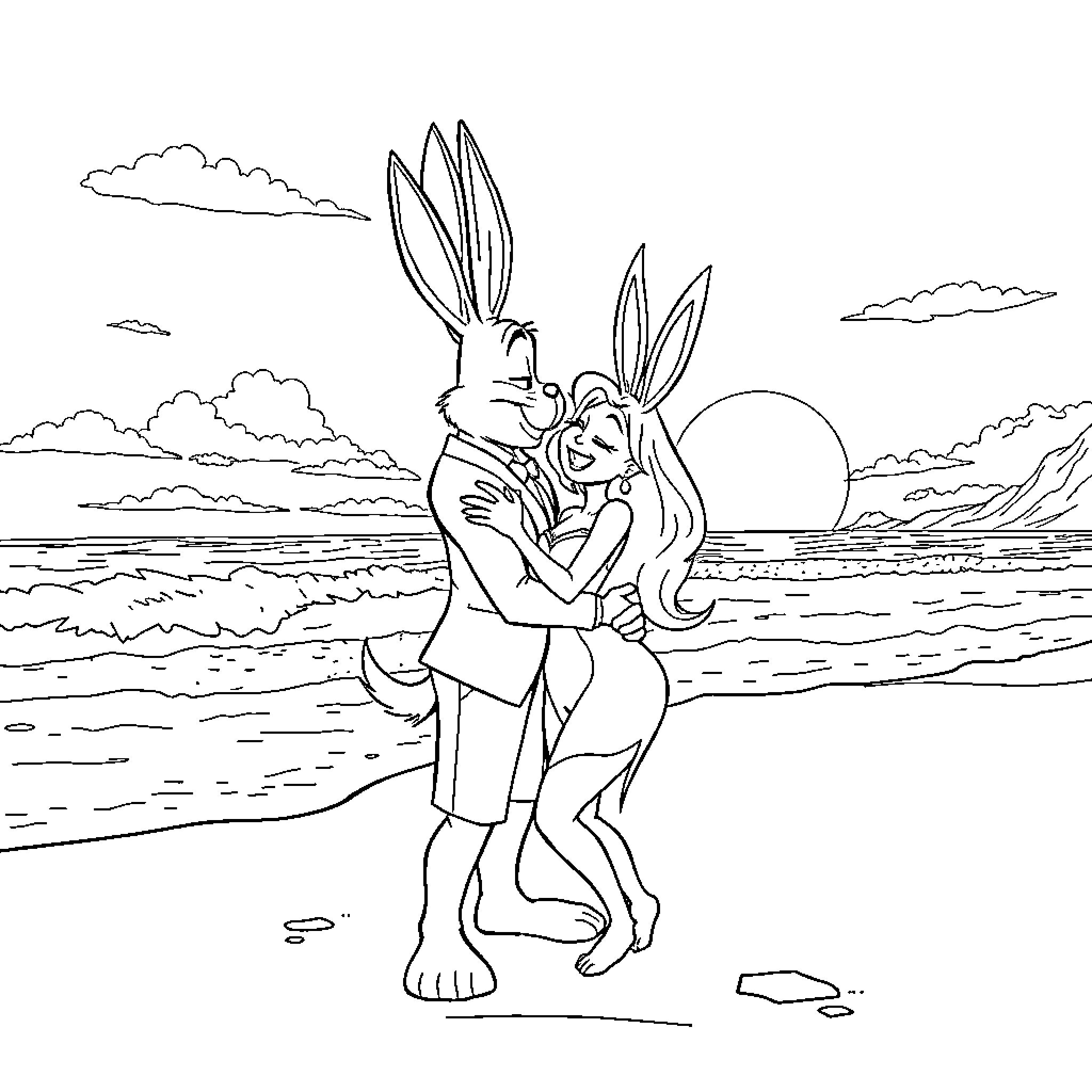 Rabbit couple embracing on the beach Coloring Page (free black-and-white line drawing printable PDF for all, from beginners to advanced learners, including children, teens, adults, and seniors)