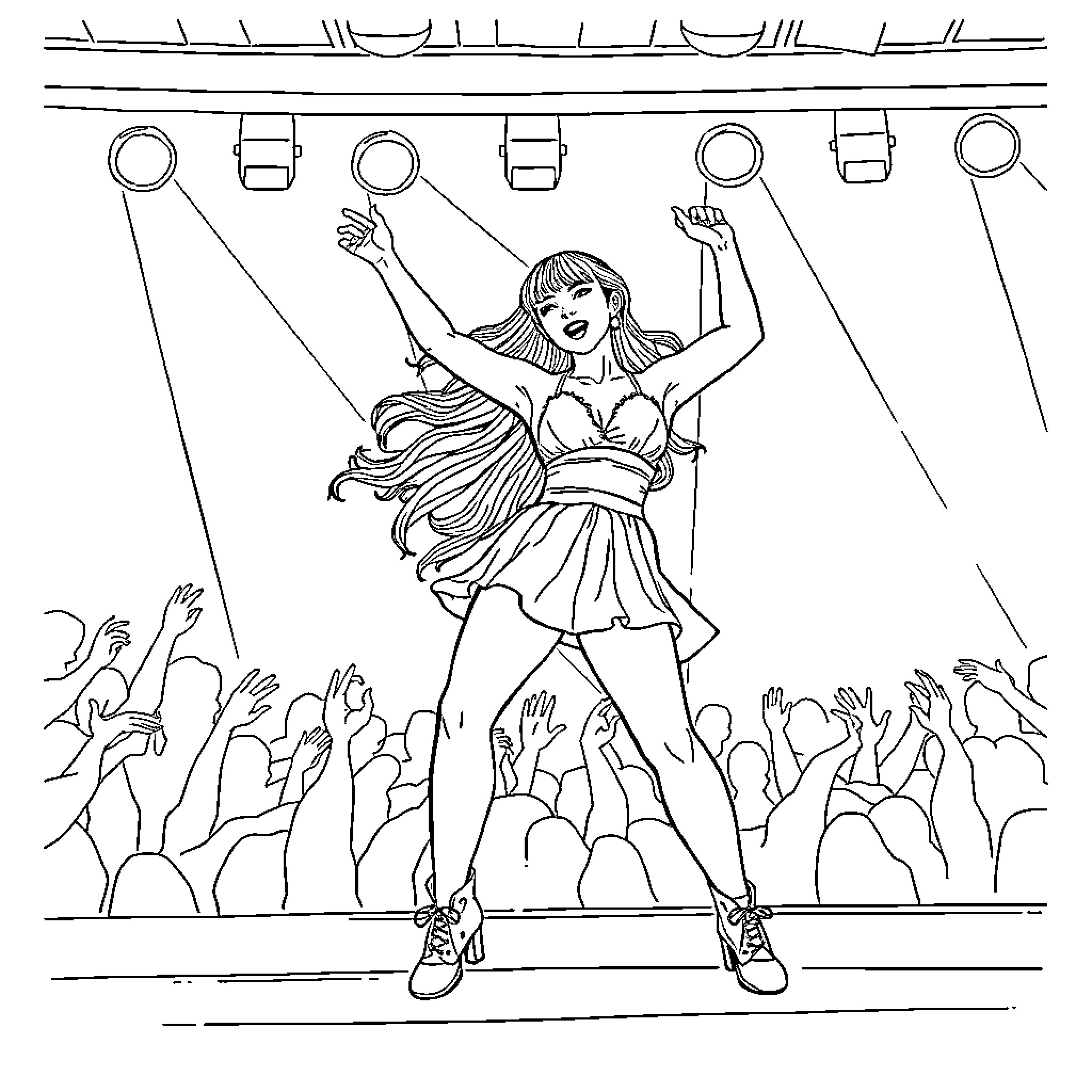 Guerrera Performing Passionately on Stage Coloring Page (free black-and-white line drawing printable PDF for all, from beginners to advanced learners, including children, teens, adults, and seniors)