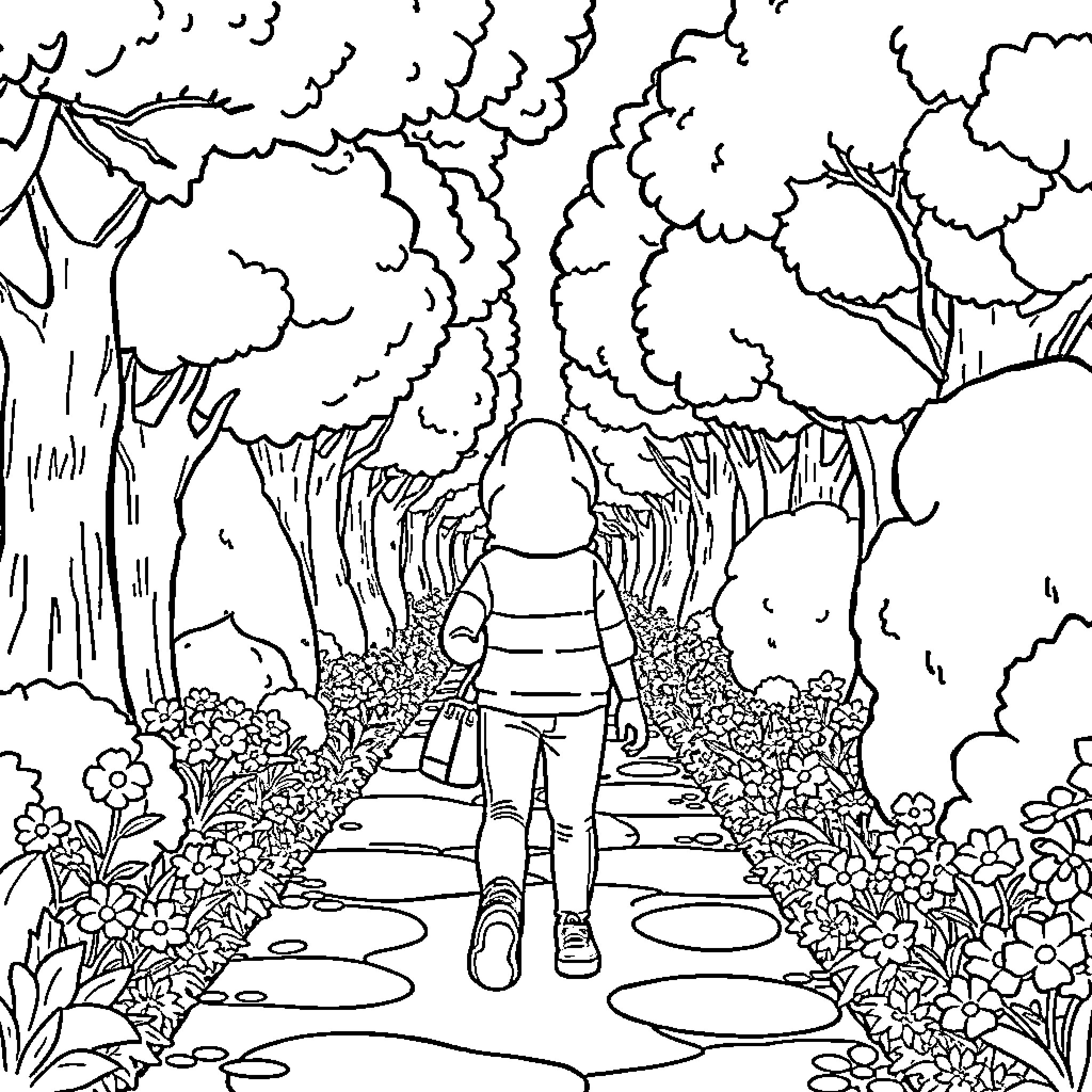 Blipo's Enchanting Forest Adventure Coloring Page (free black-and-white line drawing printable PDF for all, from beginners to advanced learners, including children, teens, adults, and seniors)