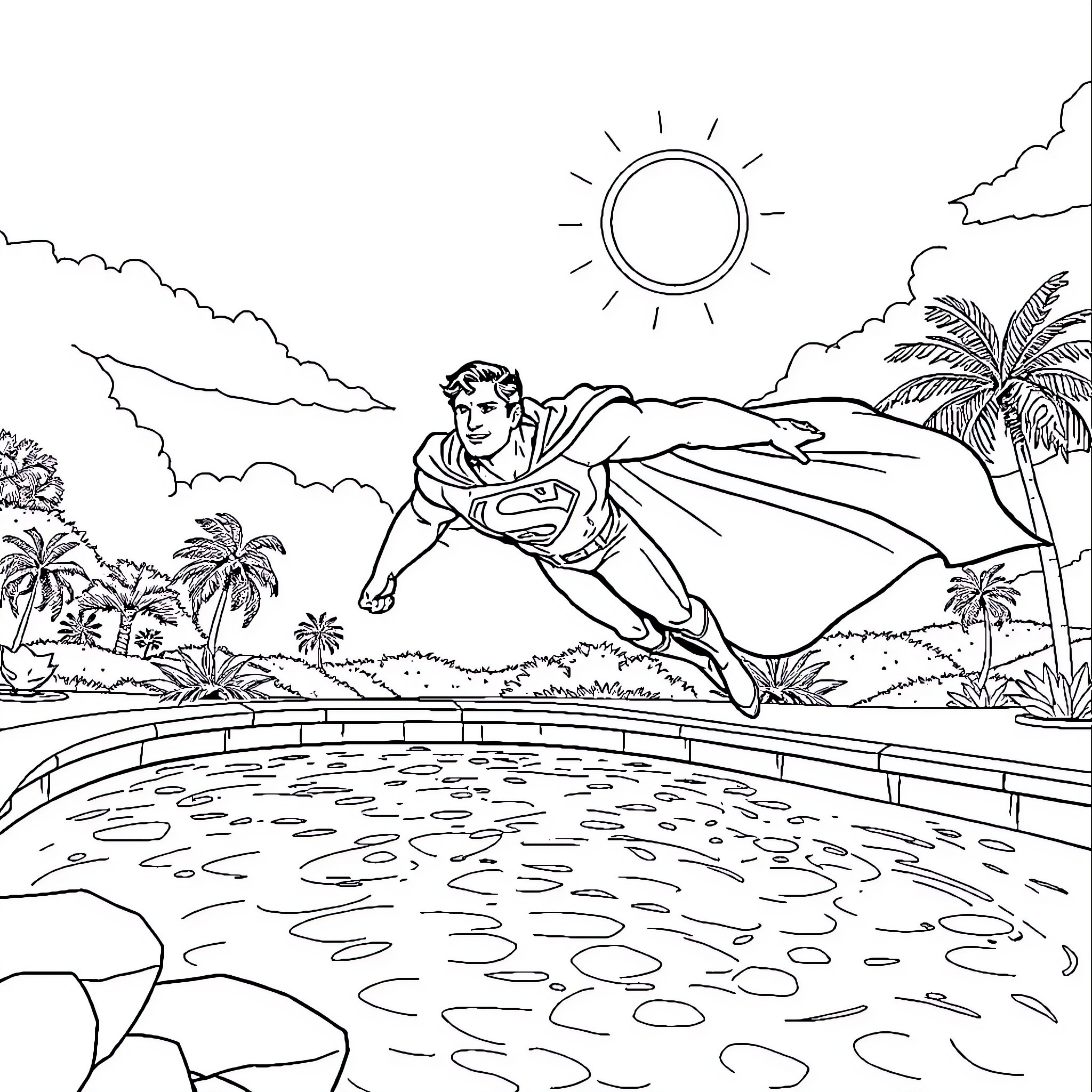 Superman's tropical adventures Coloring Page (free black-and-white line drawing printable PDF for all, from beginners to advanced learners, including children, teens, adults, and seniors)