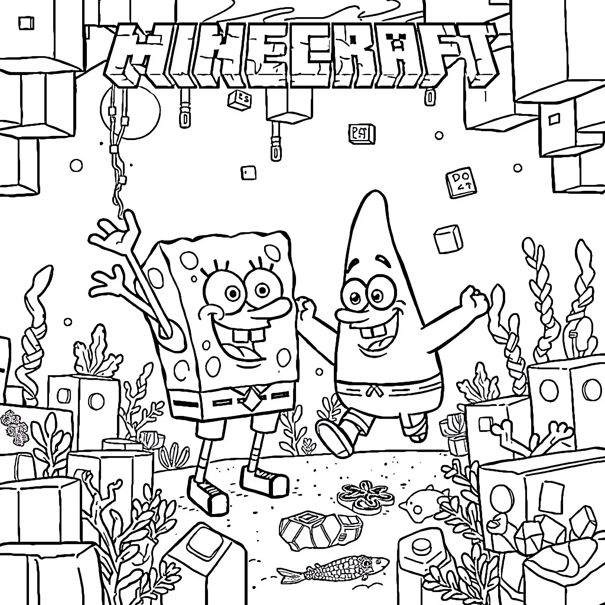 Spongebob and Patrick's Underwater Antics Coloring Page (free black-and-white line drawing printable PDF for all, from beginners to advanced learners, including children, teens, adults, and seniors)