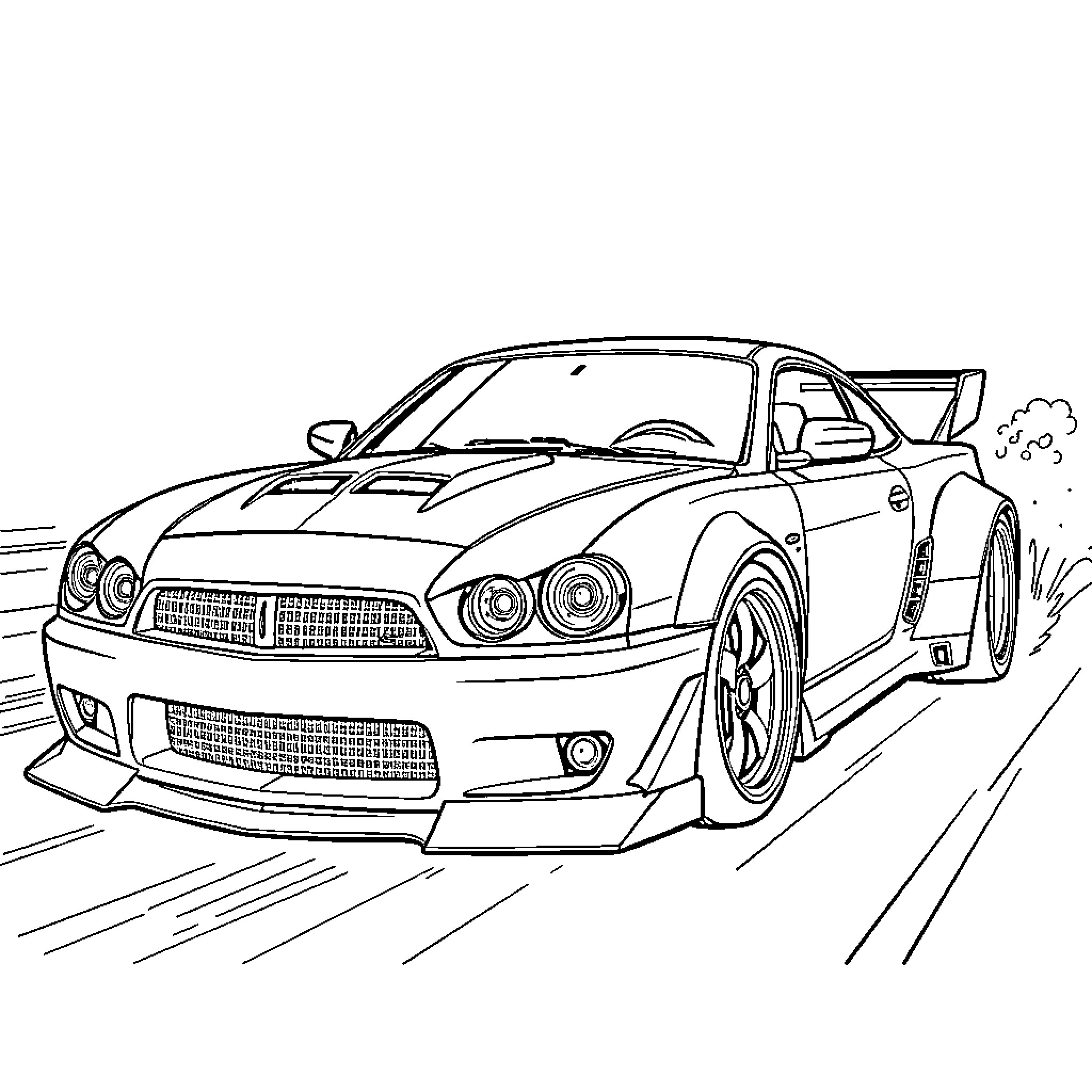 Modified Car speeding on the road Coloring Page (free black-and-white line drawing printable PDF for all, from beginners to advanced learners, including children, teens, adults, and seniors)