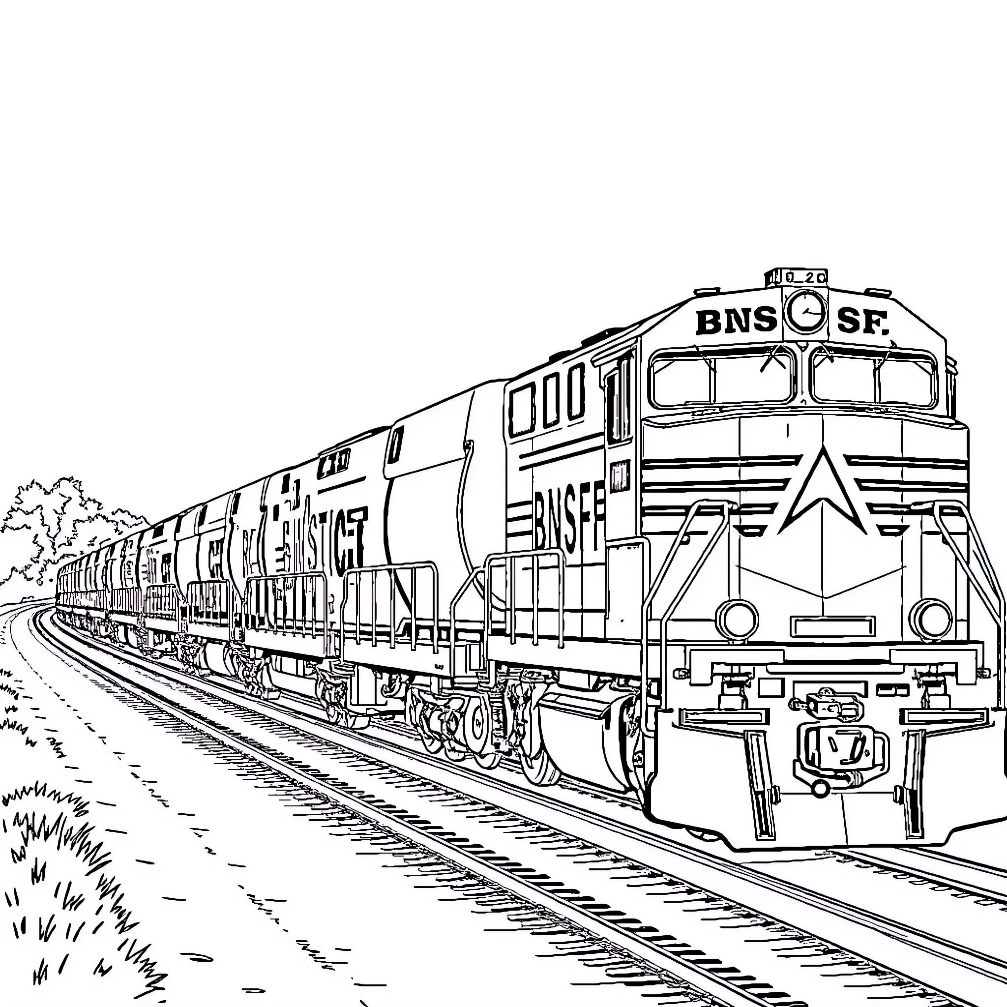 Train transporting cargo along the railroad tracks Coloring Page (free black-and-white line drawing printable PDF for all, from beginners to advanced learners, including children, teens, adults, and seniors)