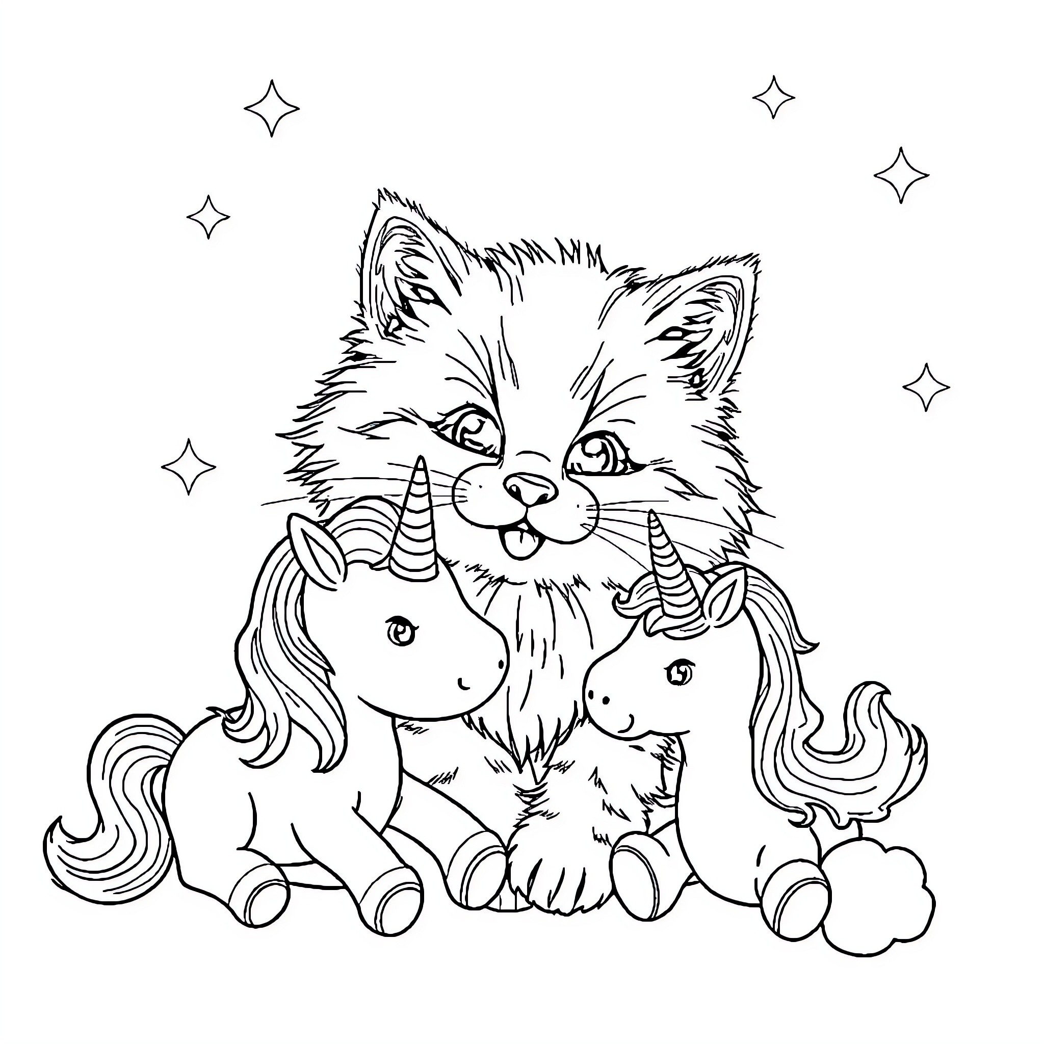 Cat cuddling with unicorn friends under starry sky Coloring Page (free black-and-white line drawing printable PDF for all, from beginners to advanced learners, including children, teens, adults, and seniors)