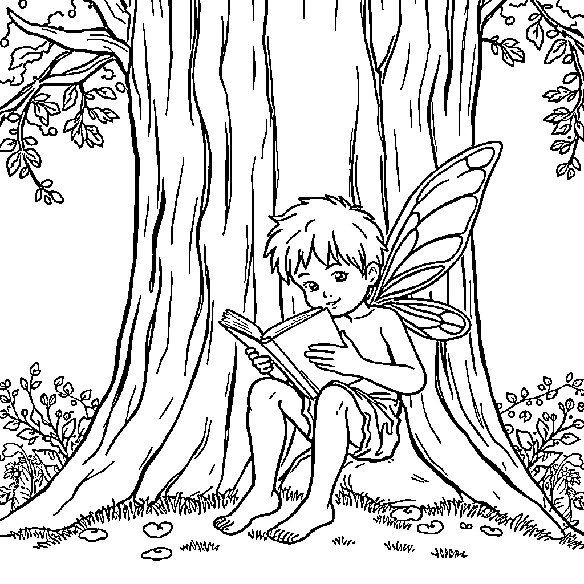 Boy Fairy Reading a Book in the Forest Coloring Page (free black-and-white line drawing printable PDF for all, from beginners to advanced learners, including children, teens, adults, and seniors)