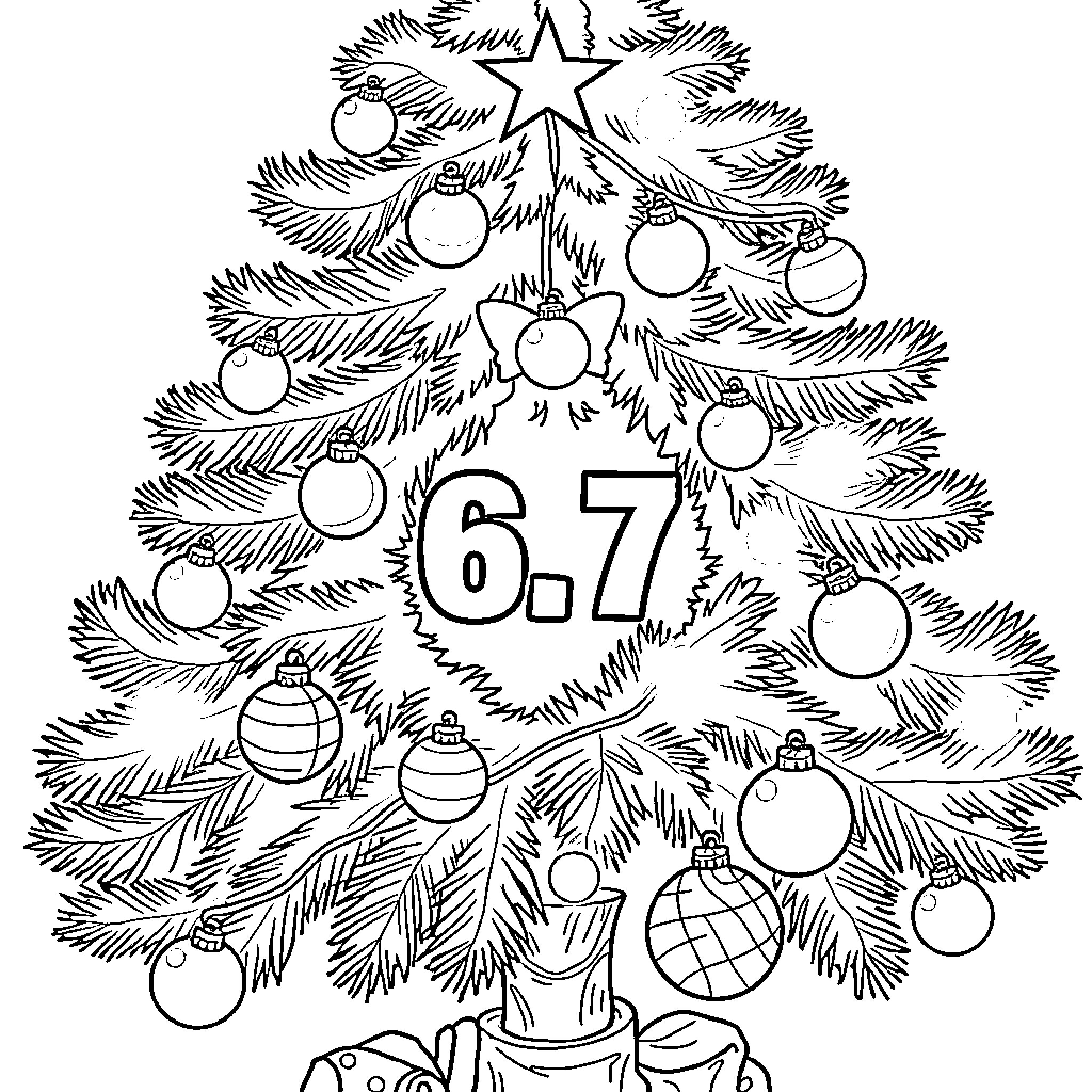 Christmas Tree with Ornaments and Clock Coloring Page (free black-and-white line drawing printable PDF for all, from beginners to advanced learners, including children, teens, adults, and seniors)