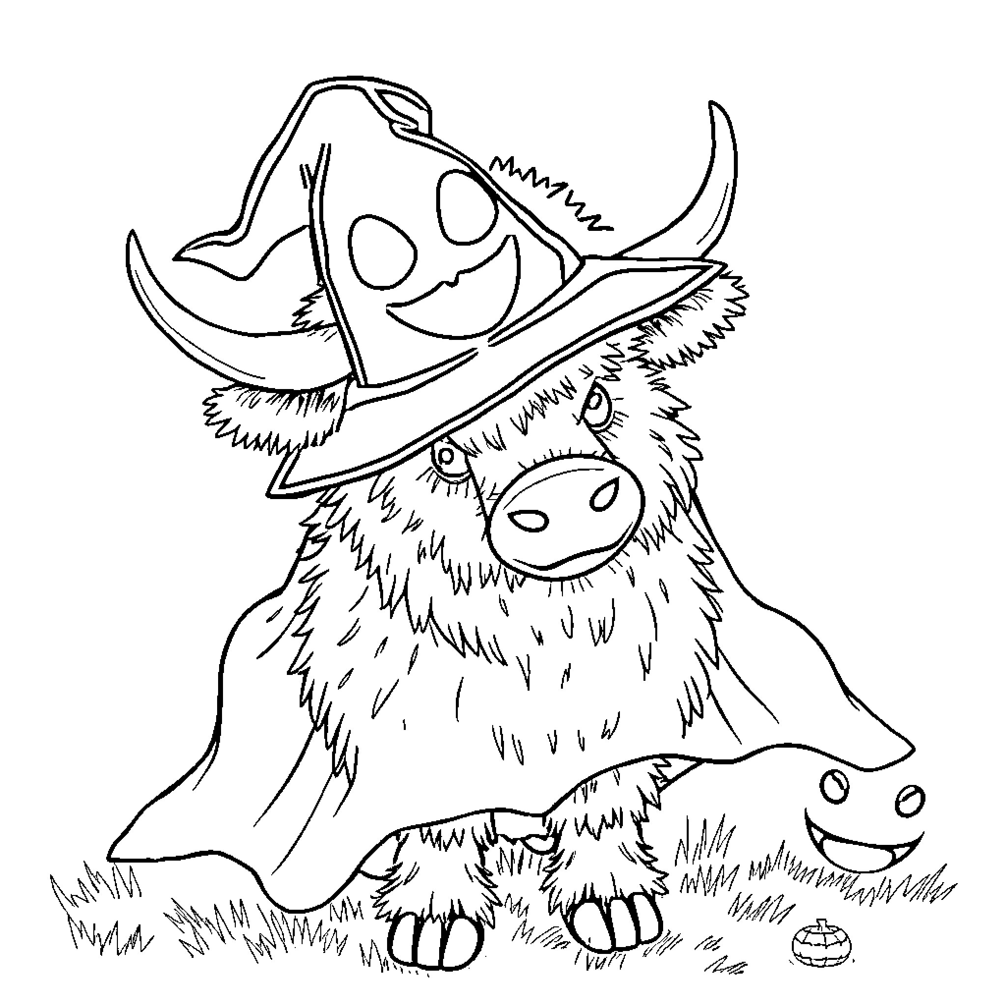 Highland Cow wearing a cowboy hat and smiling Coloring Page (free black-and-white line drawing printable PDF for all, from beginners to advanced learners, including children, teens, adults, and seniors)