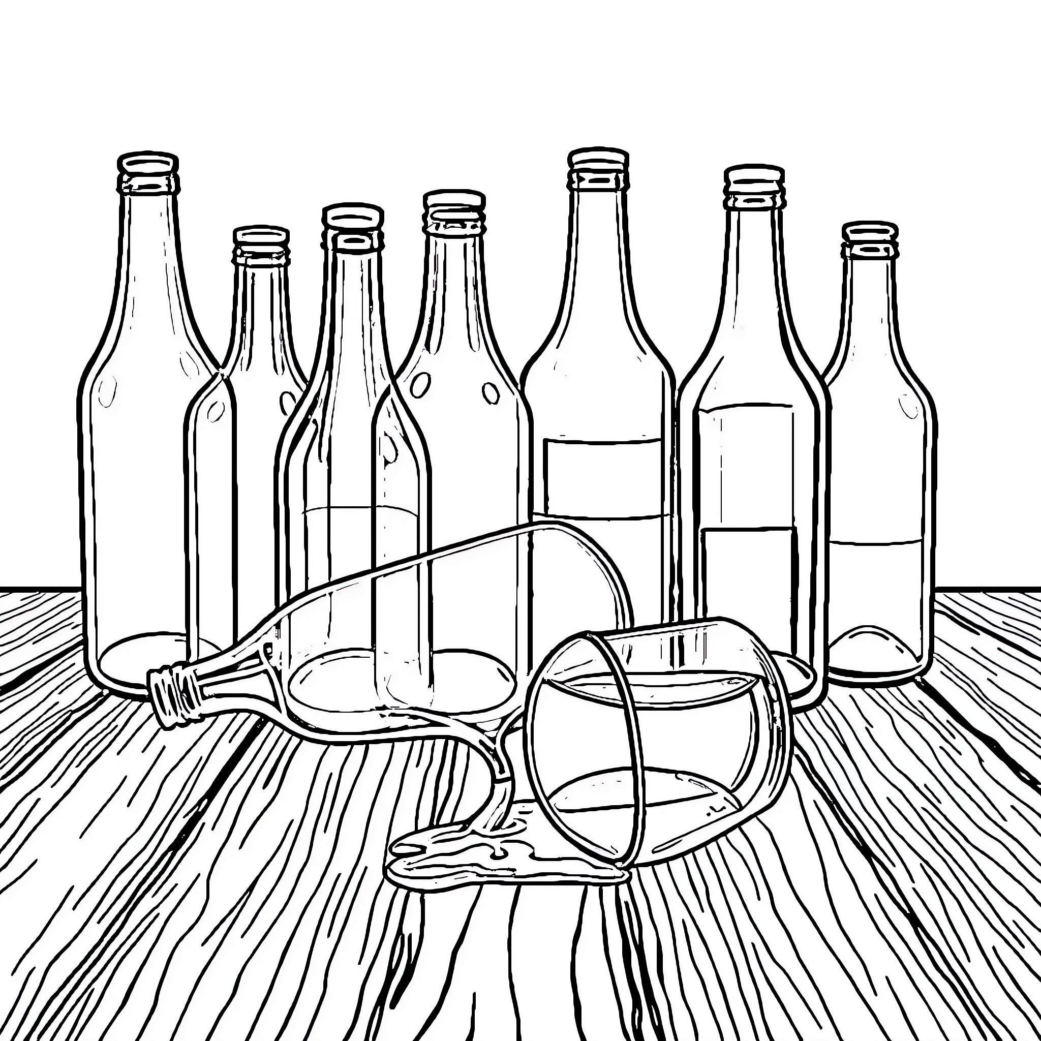 Glass bottles and glassware on wooden surface Coloring Page (free black-and-white line drawing printable PDF for all, from beginners to advanced learners, including children, teens, adults, and seniors)