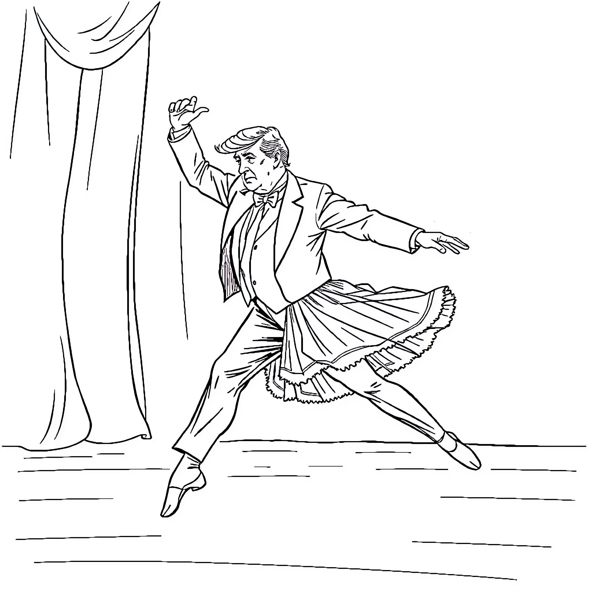 Ballet Dancer Performing Elegant Routine on Stage Coloring Page (free black-and-white line drawing printable PDF for all, from beginners to advanced learners, including children, teens, adults, and seniors)