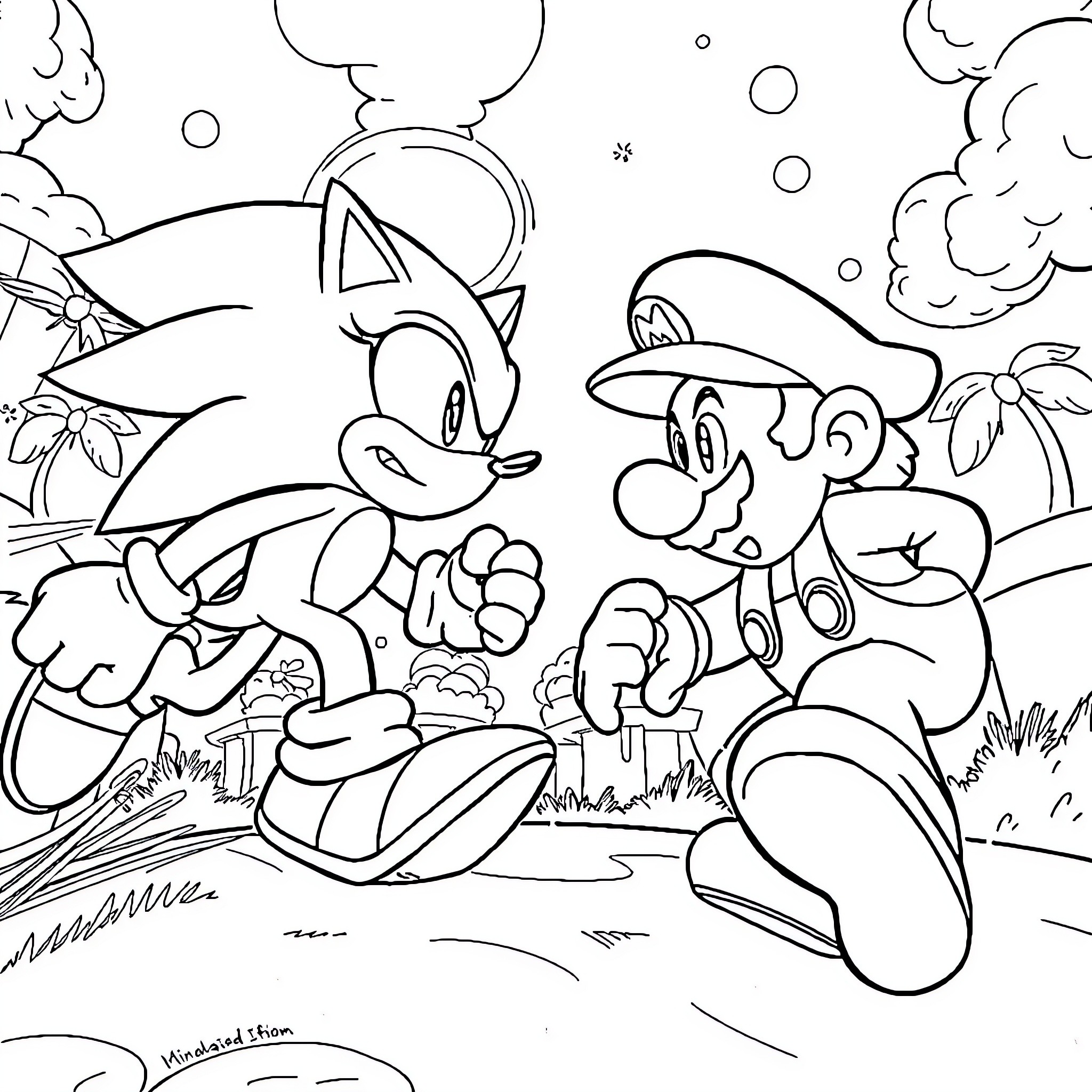 Sonic and Mario's Playful Adventure Coloring Page (free black-and-white line drawing printable PDF for all, from beginners to advanced learners, including children, teens, adults, and seniors)