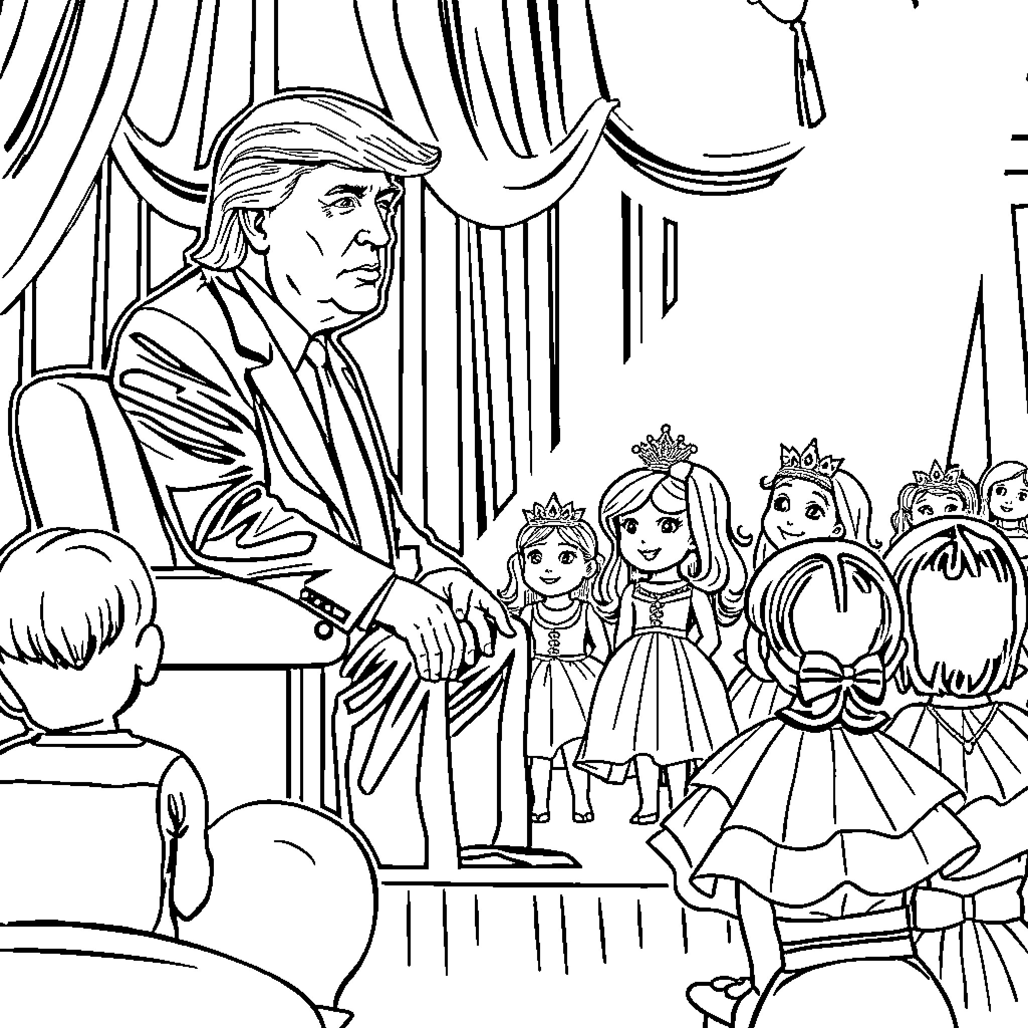 Donald Trump addressing group of princesses Coloring Page (free black-and-white line drawing printable PDF for all, from beginners to advanced learners, including children, teens, adults, and seniors)