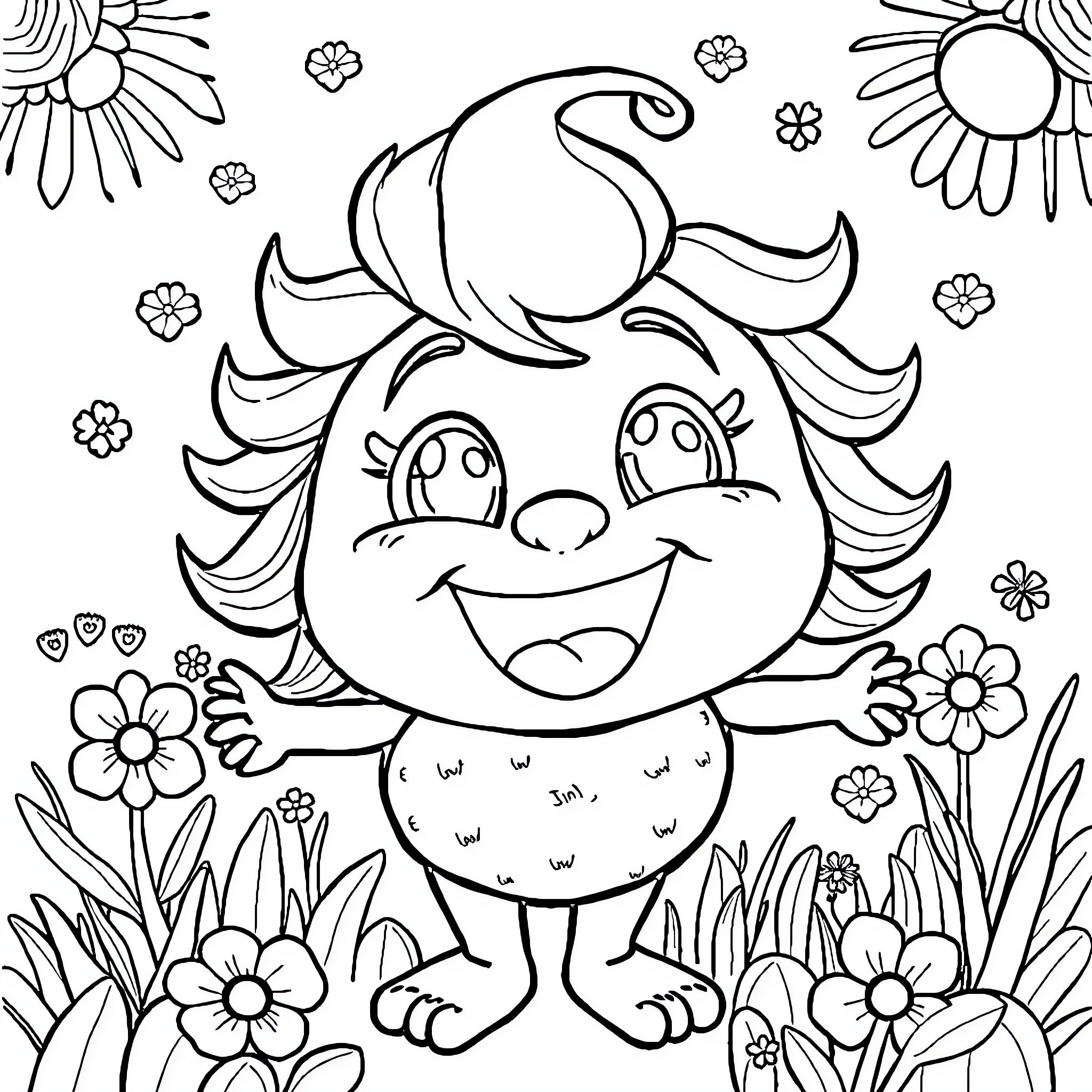 Funbabe playing joyfully in a field of flowers Coloring Page (free black-and-white line drawing printable PDF for all, from beginners to advanced learners, including children, teens, adults, and seniors)