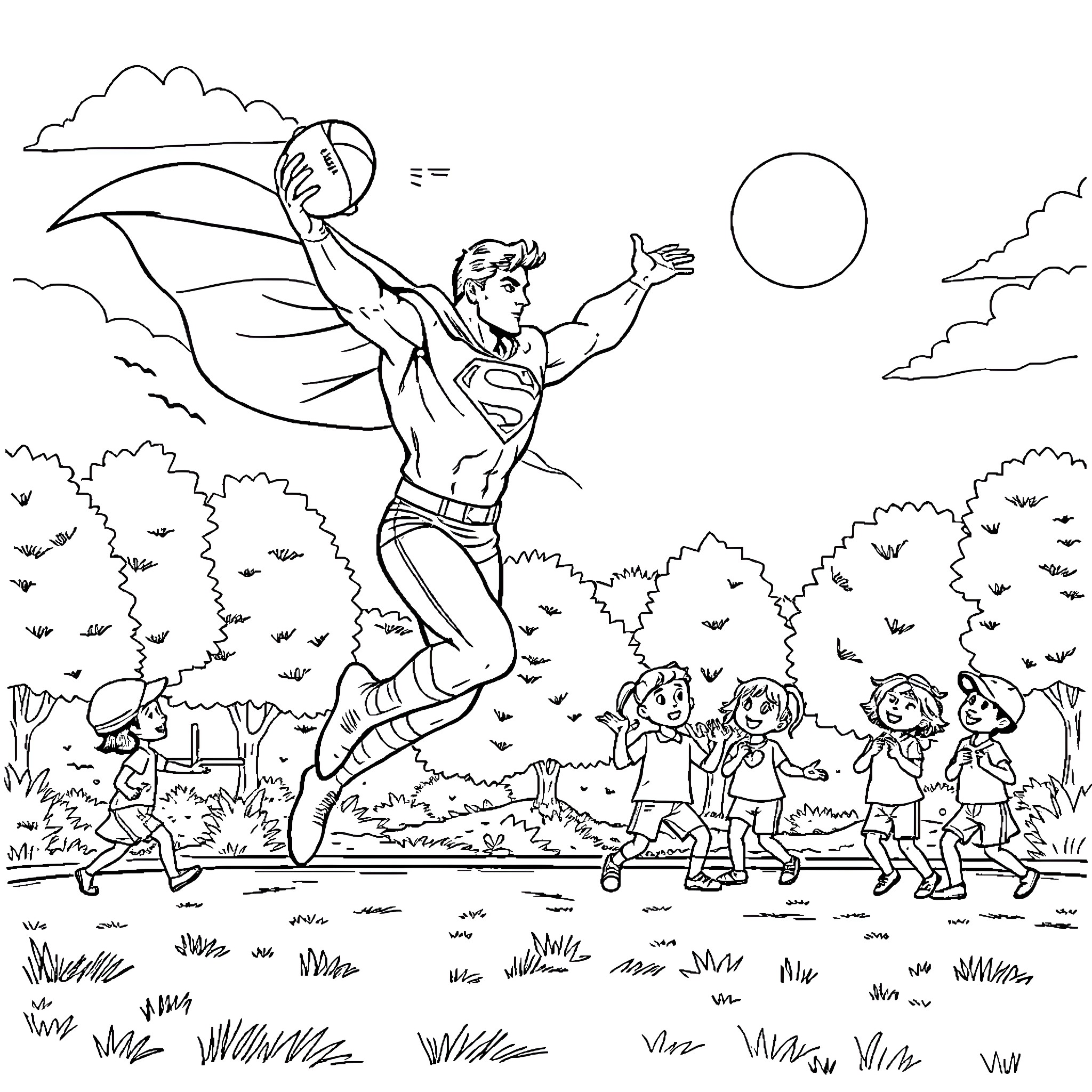 Superman flies heroically over thrilled children Coloring Page (free black-and-white line drawing printable PDF for all, from beginners to advanced learners, including children, teens, adults, and seniors)