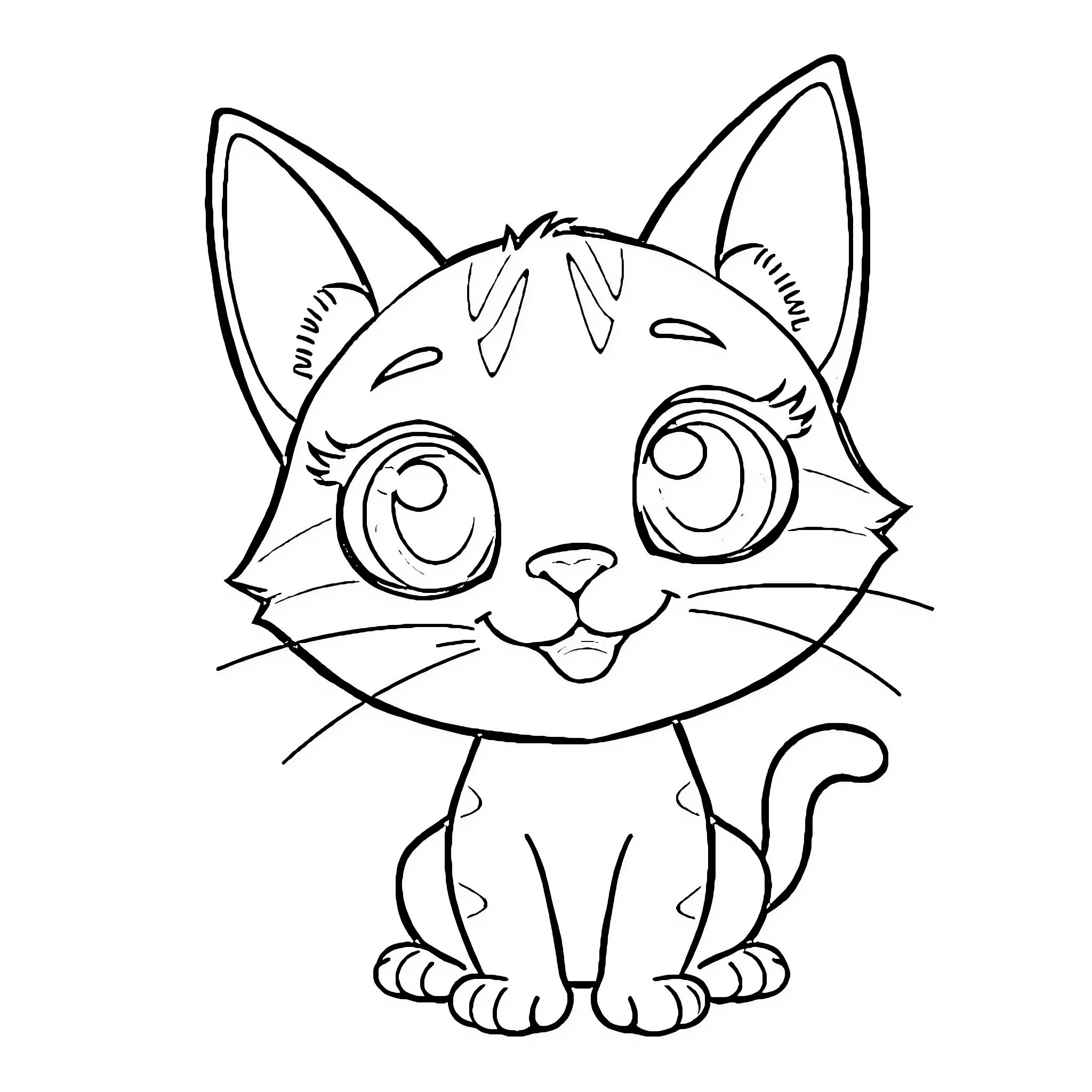 Cat with big eyes and playful expression Coloring Page (free black-and-white line drawing printable PDF for all, from beginners to advanced learners, including children, teens, adults, and seniors)
