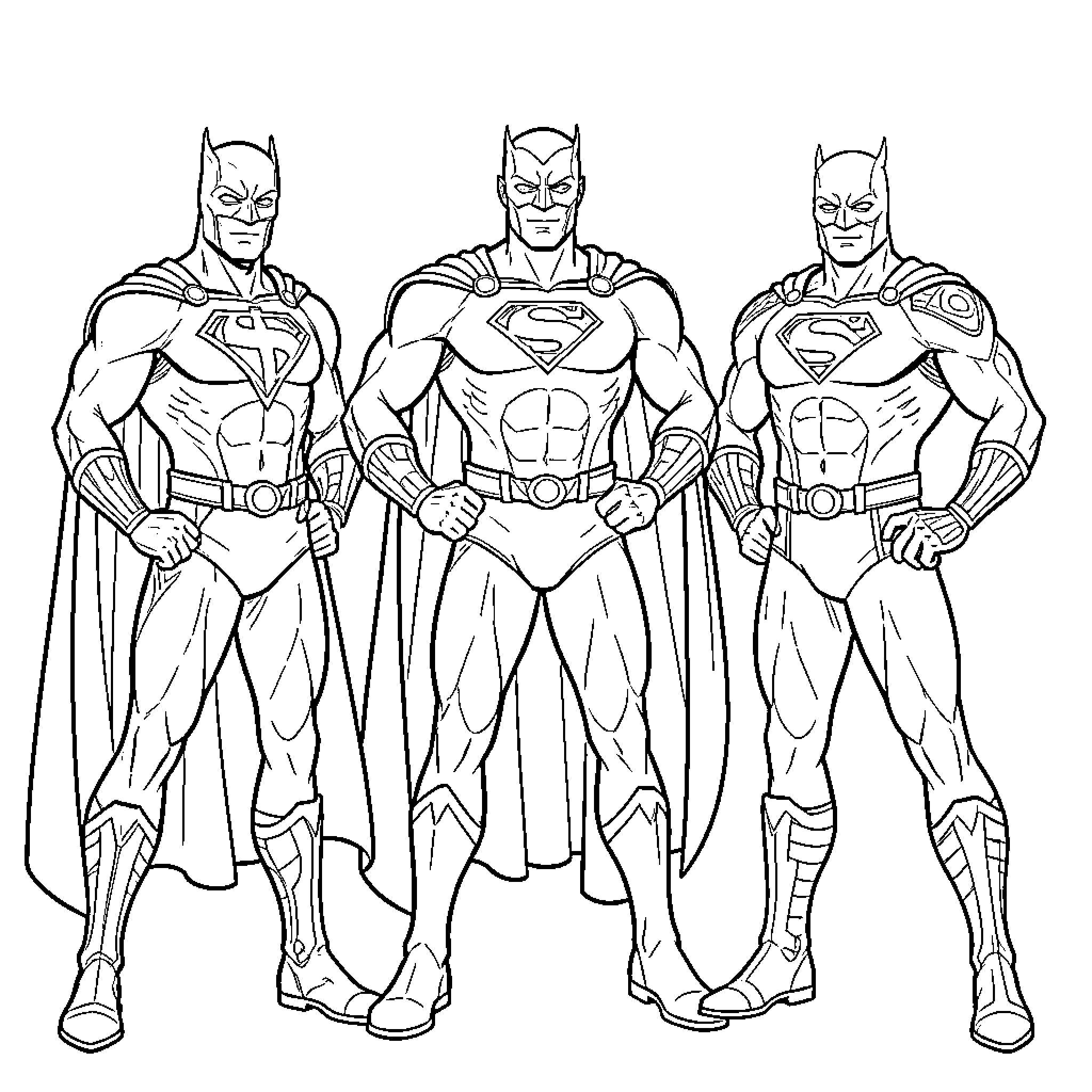 Superhero trio in action poses Coloring Page (free black-and-white line drawing printable PDF for all, from beginners to advanced learners, including children, teens, adults, and seniors)