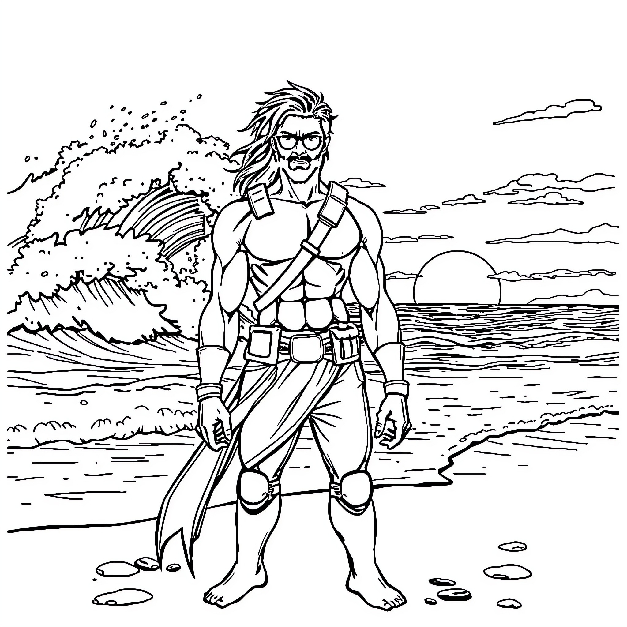 Rogue Warrior Faces the Storm Coloring Page (free black-and-white line drawing printable PDF for all, from beginners to advanced learners, including children, teens, adults, and seniors)