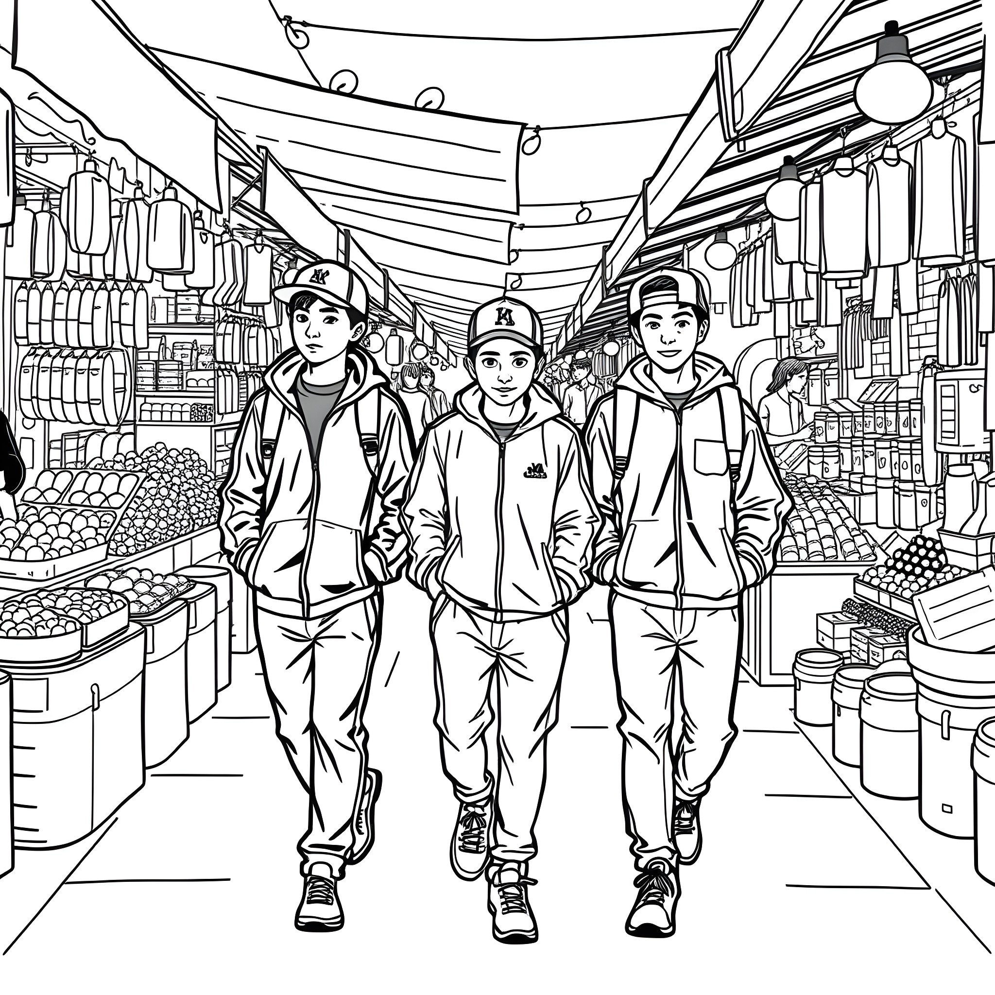 Teen Boys Exploring Bustling Market Coloring Page (free black-and-white line drawing printable PDF for all, from beginners to advanced learners, including children, teens, adults, and seniors)