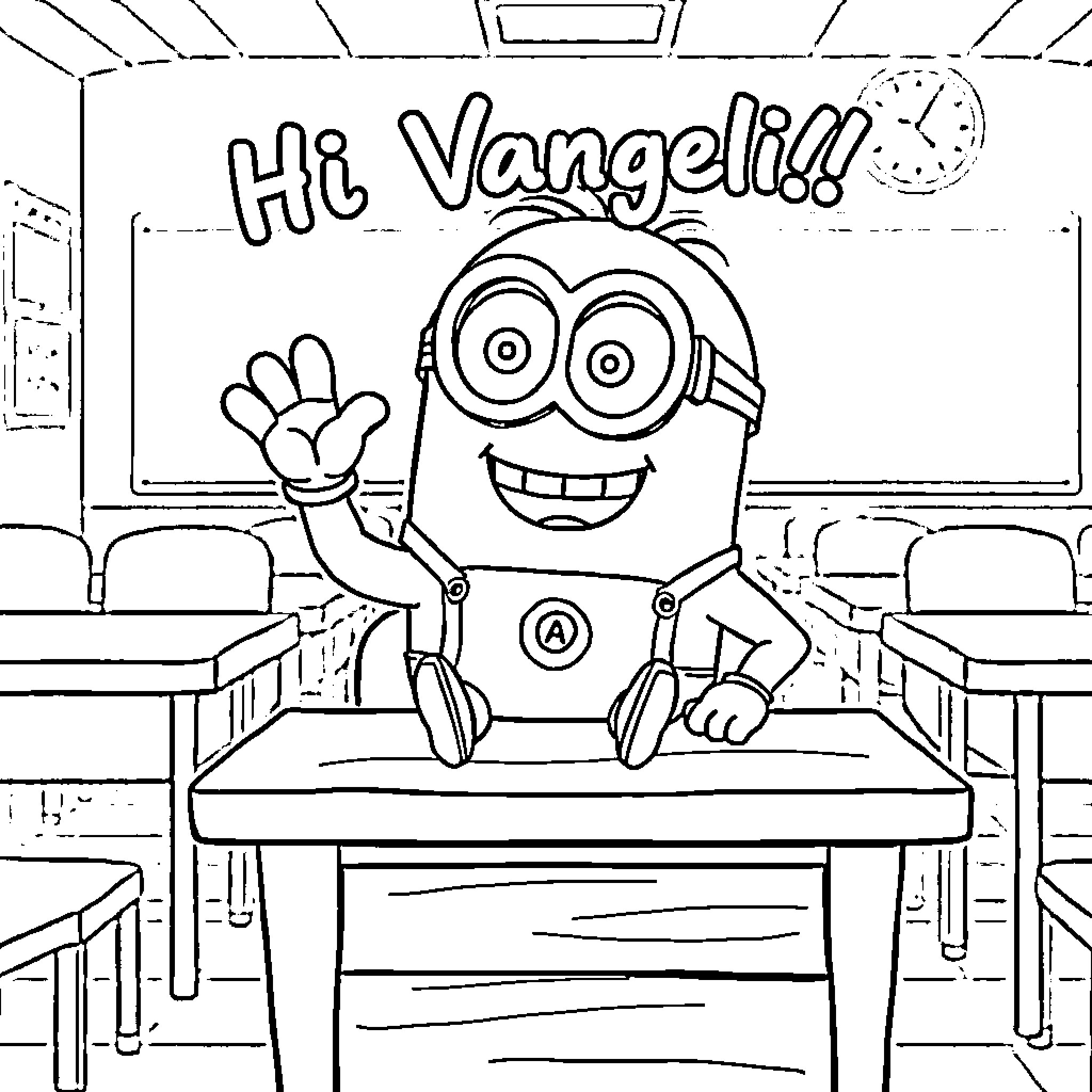 Minion enthusiastically greeting the class Coloring Page (free black-and-white line drawing printable PDF for all, from beginners to advanced learners, including children, teens, adults, and seniors)