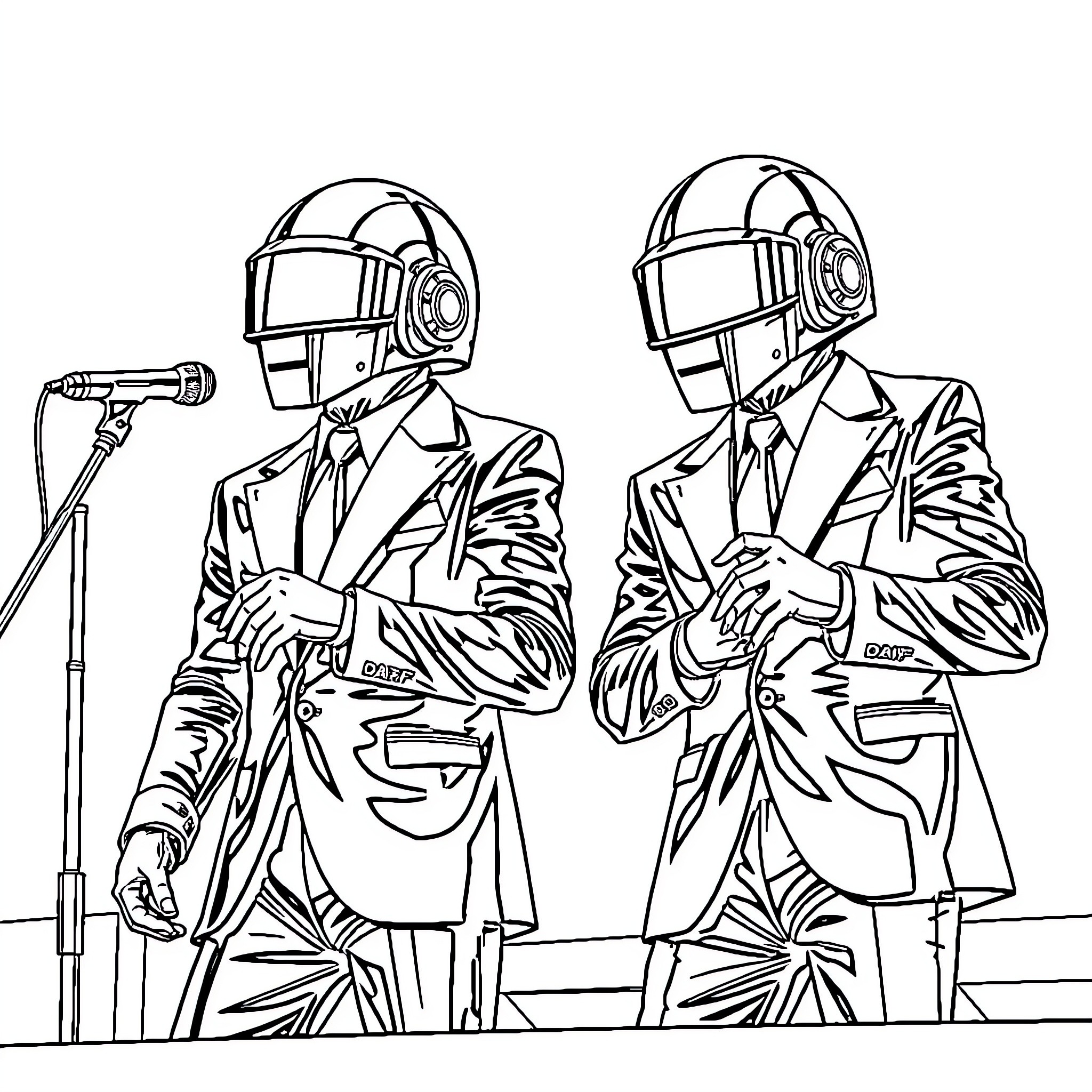 Daft Punk performing on stage in robotic attire Coloring Page (free black-and-white line drawing printable PDF for all, from beginners to advanced learners, including children, teens, adults, and seniors)