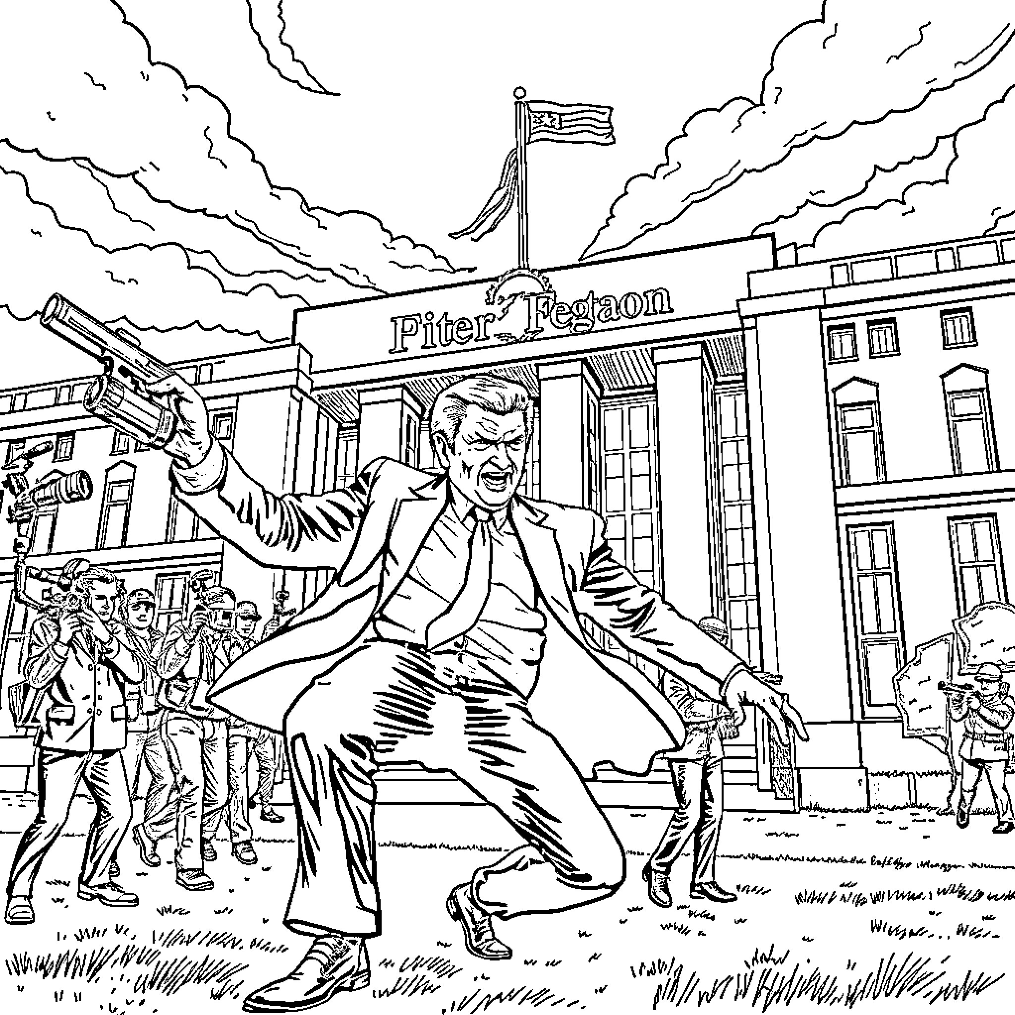 Pete Hegseth rallying a crowd in front of a Pfizer building Coloring Page (free black-and-white line drawing printable PDF for all, from beginners to advanced learners, including children, teens, adults, and seniors)