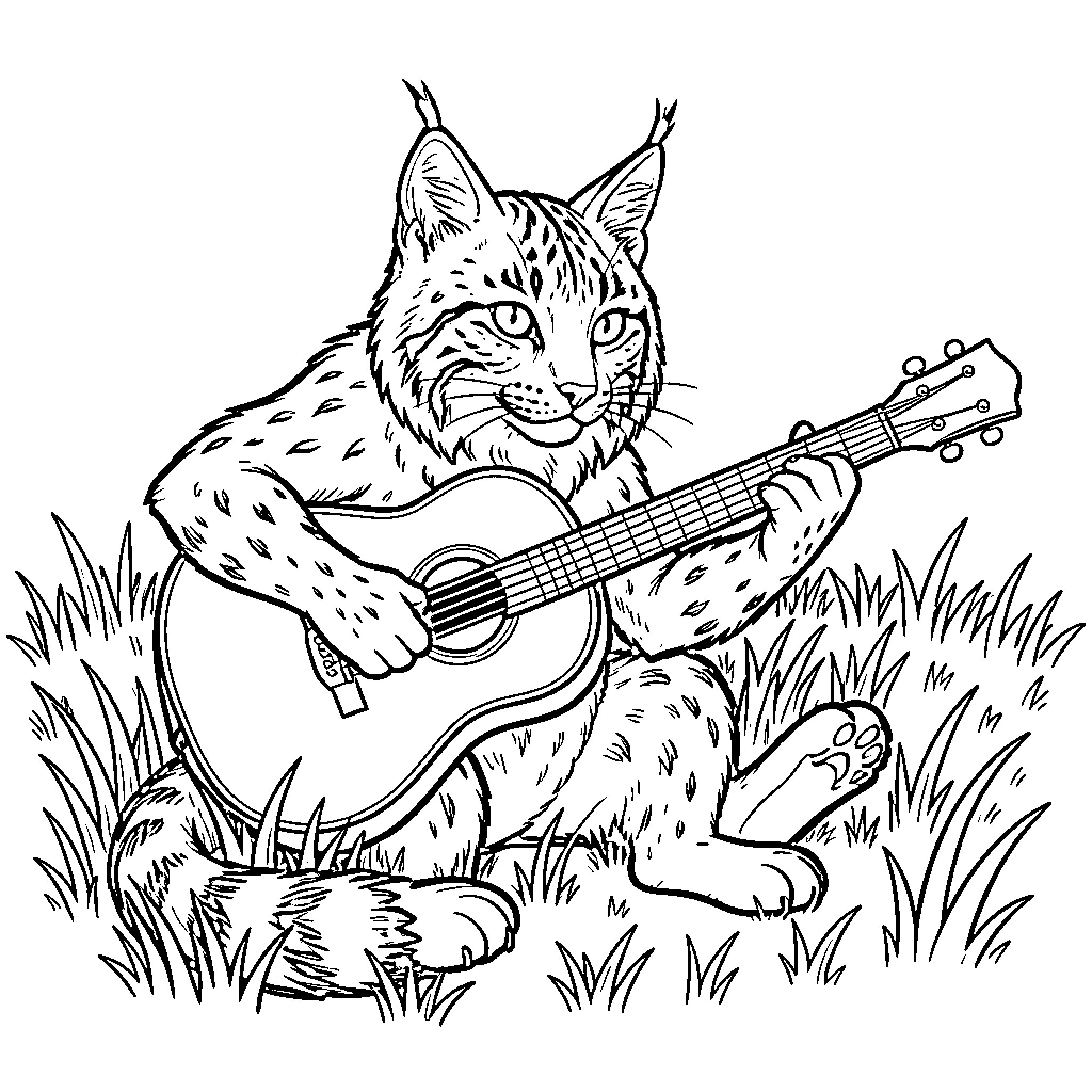 Linx playing guitar in the grass Coloring Page (free black-and-white line drawing printable PDF for all, from beginners to advanced learners, including children, teens, adults, and seniors)
