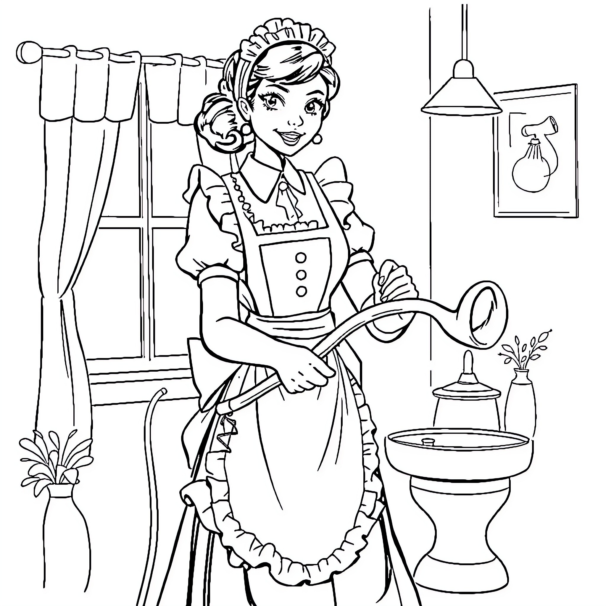 Wife cleaning the house with enthusiasm Coloring Page (free black-and-white line drawing printable PDF for all, from beginners to advanced learners, including children, teens, adults, and seniors)