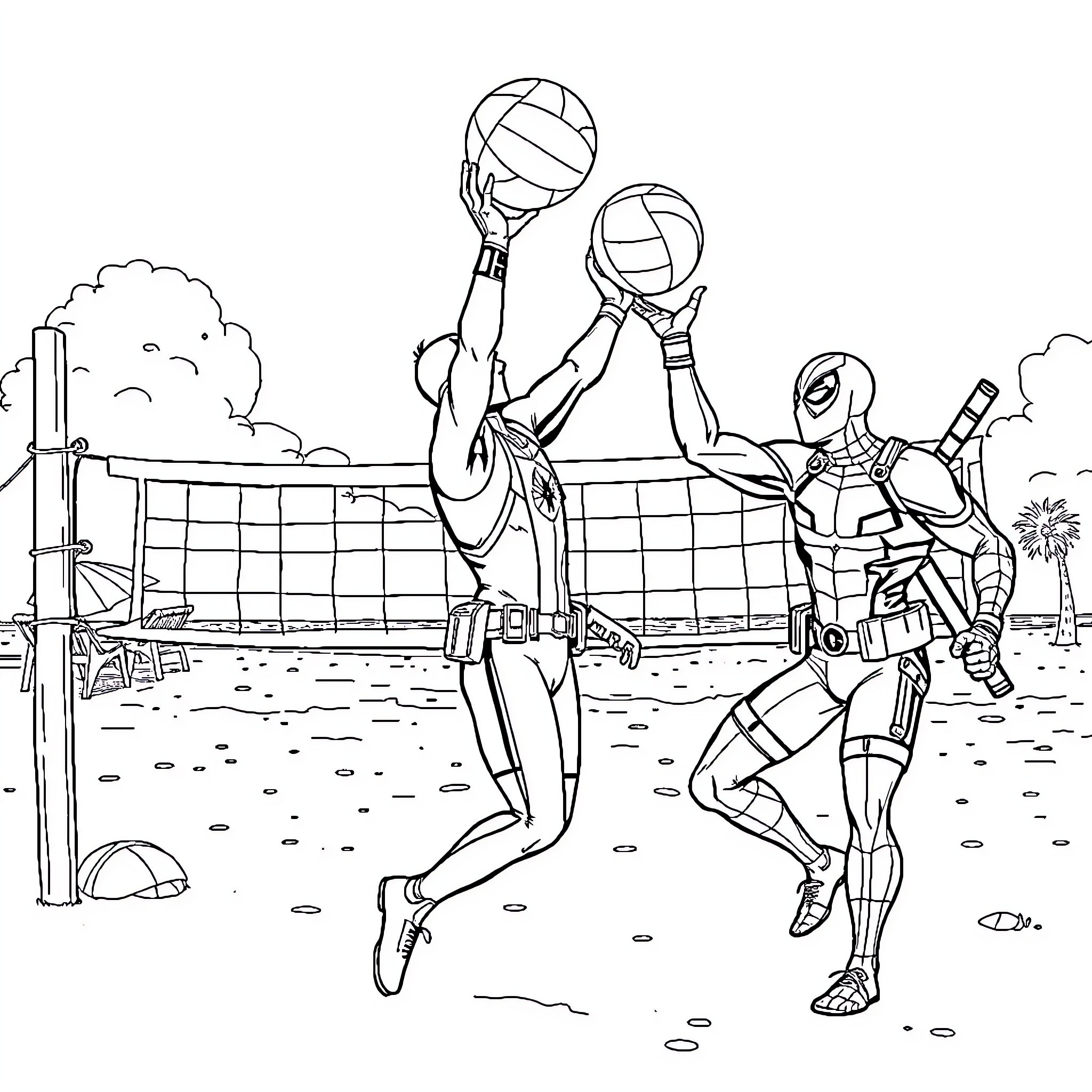 Spider-Man Playing Volleyball with Teammates Coloring Page (free black-and-white line drawing printable PDF for all, from beginners to advanced learners, including children, teens, adults, and seniors)