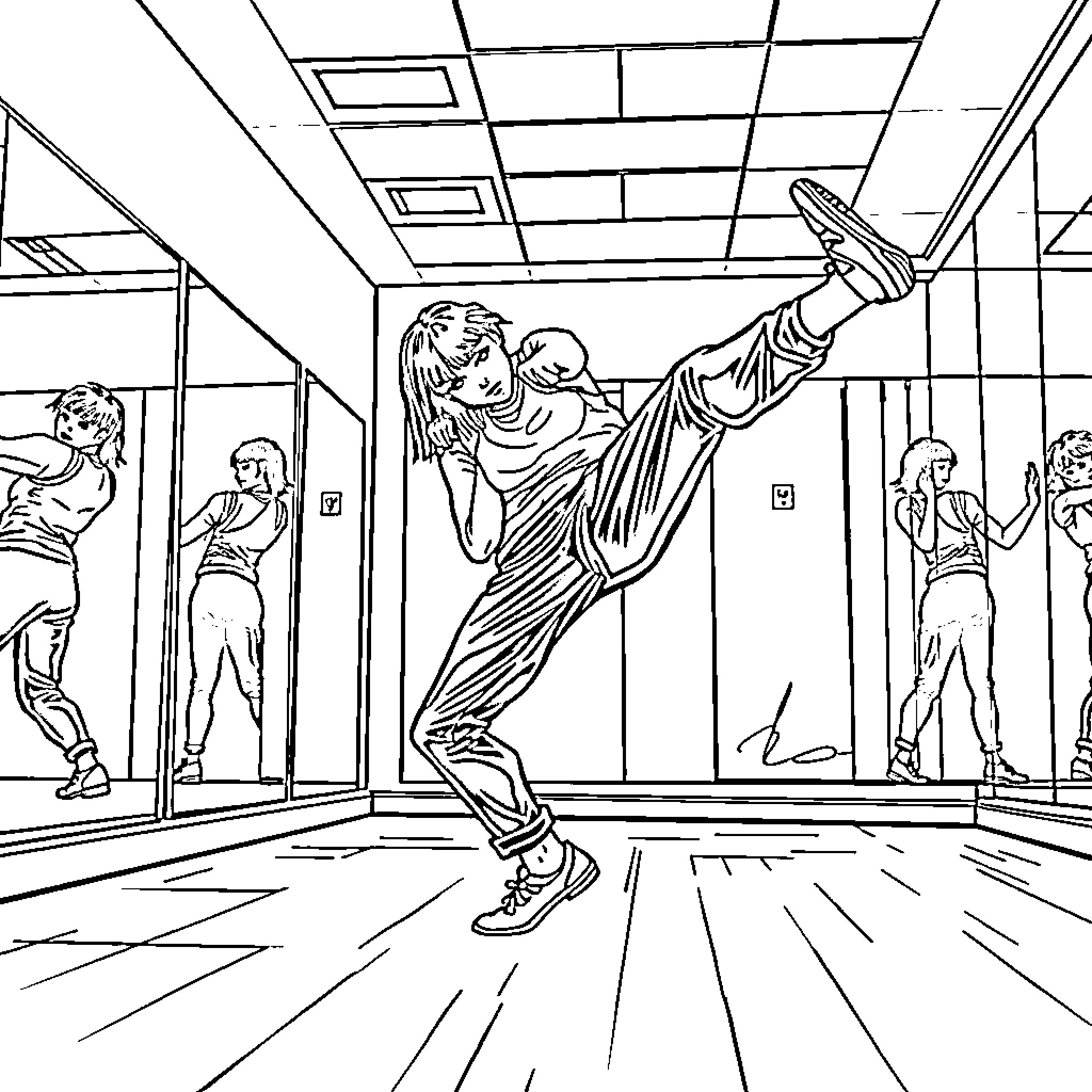 Dancer performing acrobatic moves in indoor studio Coloring Page (free black-and-white line drawing printable PDF for all, from beginners to advanced learners, including children, teens, adults, and seniors)